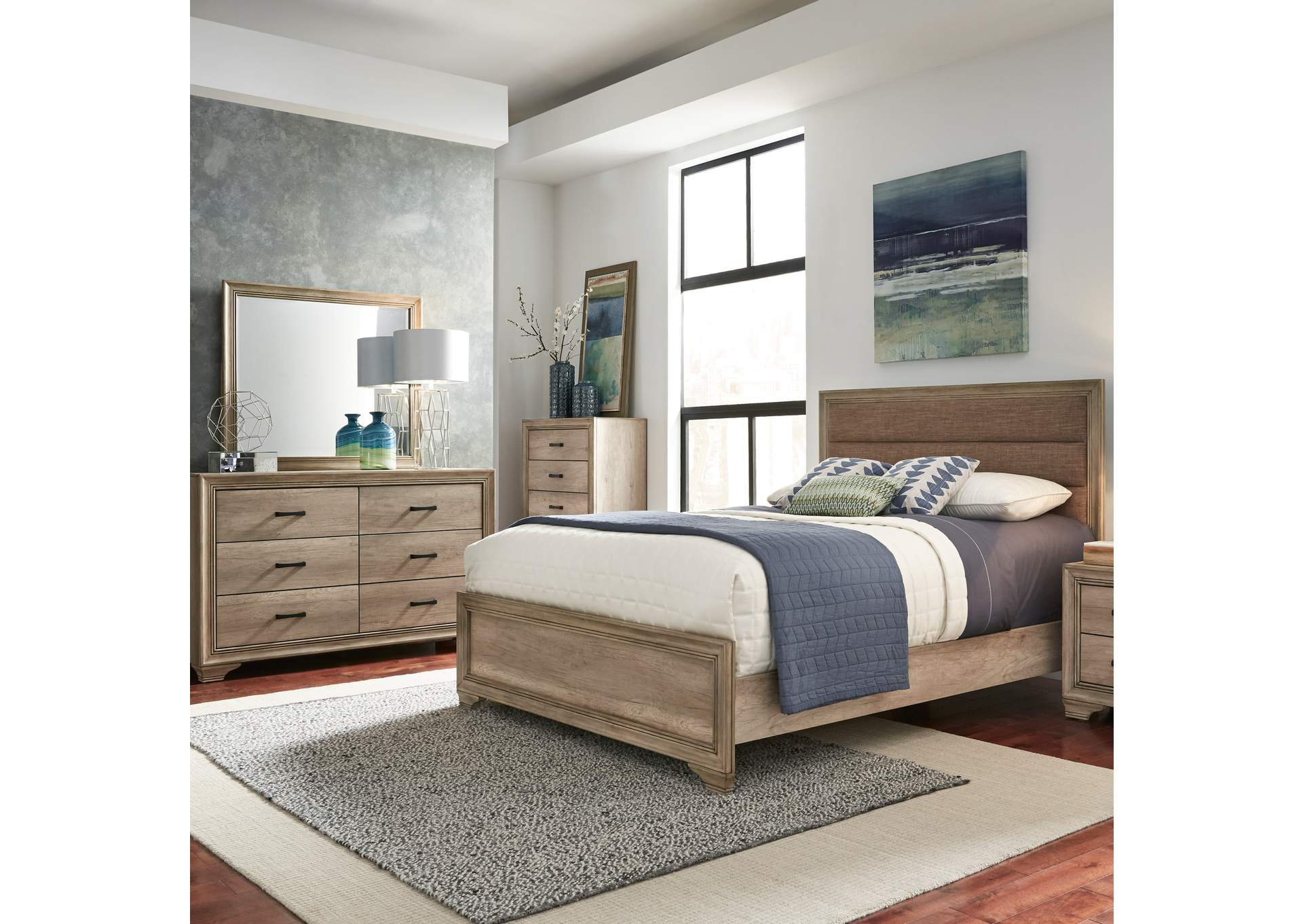 Sun Valley King Upholstered Bed, Dresser & Mirror,Liberty