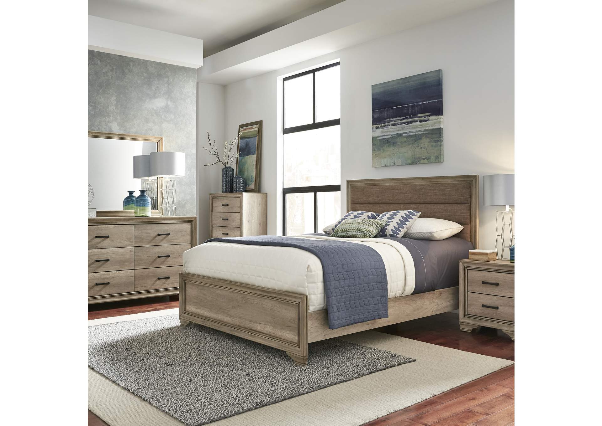 Sun Valley King Upholstered Bed, Dresser & Mirror, Chest, Nightstand,Liberty