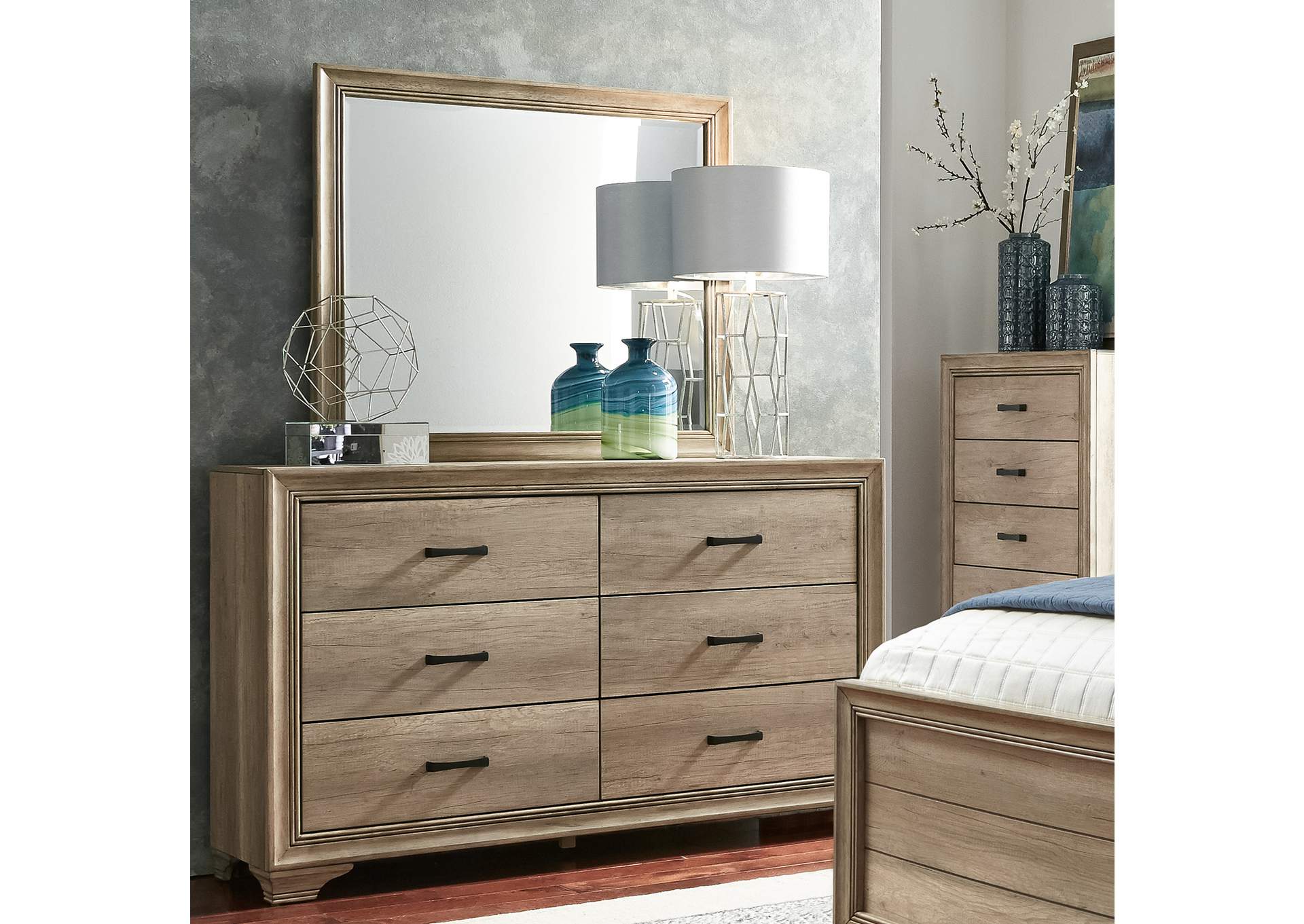 Sun Valley King Upholstered Bed, Dresser & Mirror, Chest, Nightstand,Liberty