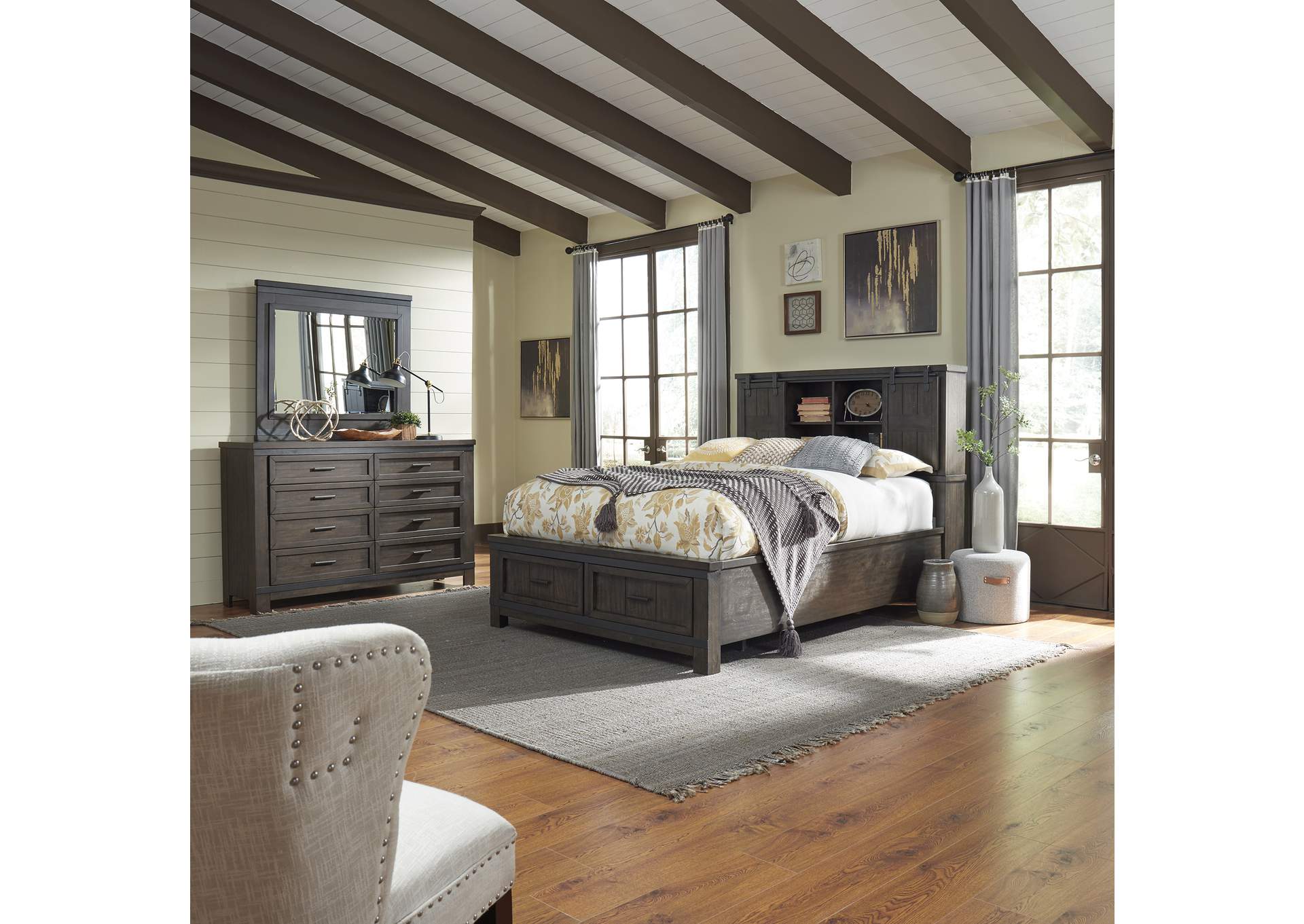 Thornwood Hills Rock Beaten Gray California King Bookcase Bed, Dresser & Mirror,Liberty