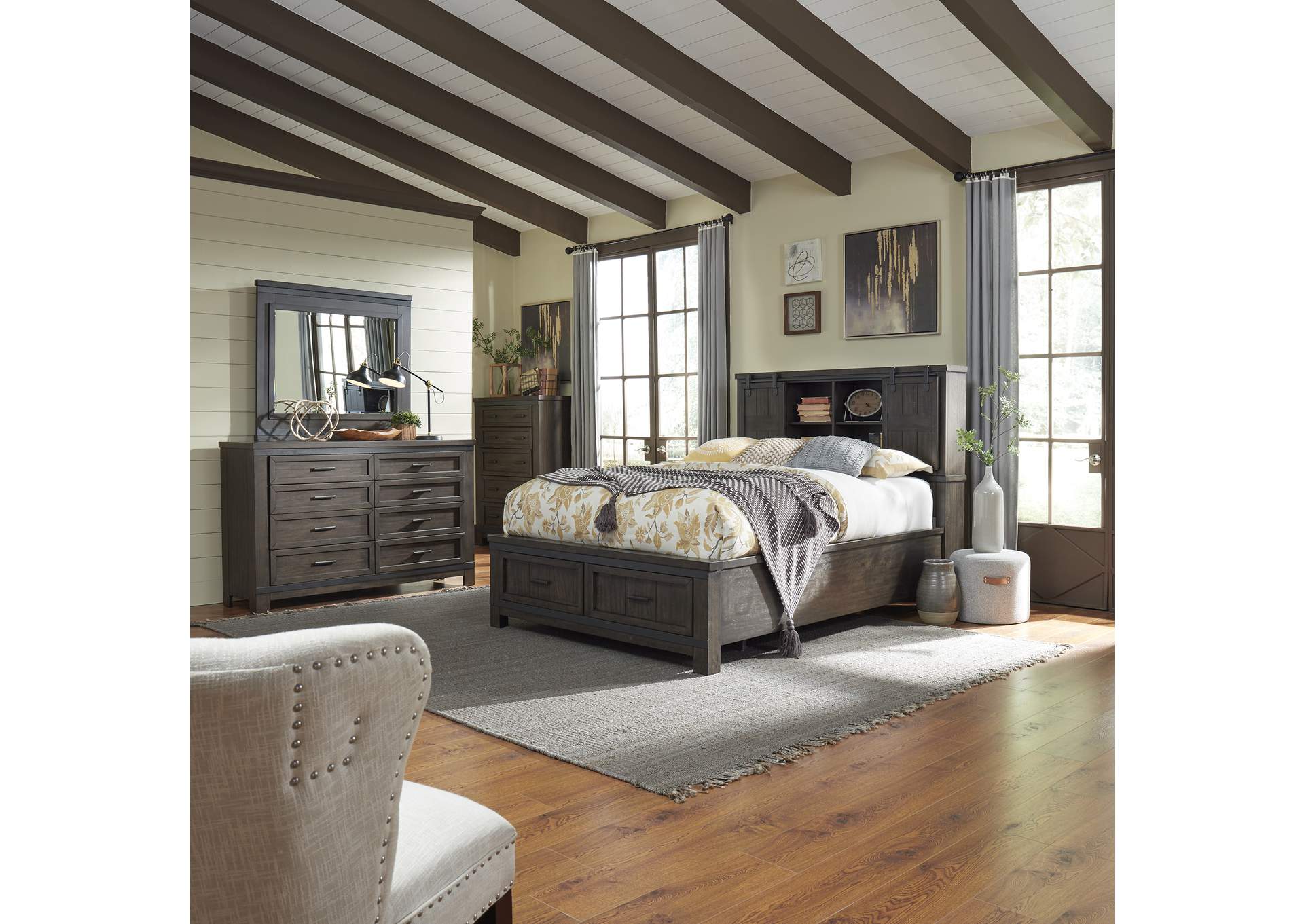 Thornwood Hills Rock Beaten Gray California King Bookcase Bed, Dresser & Mirror, Chest,Liberty