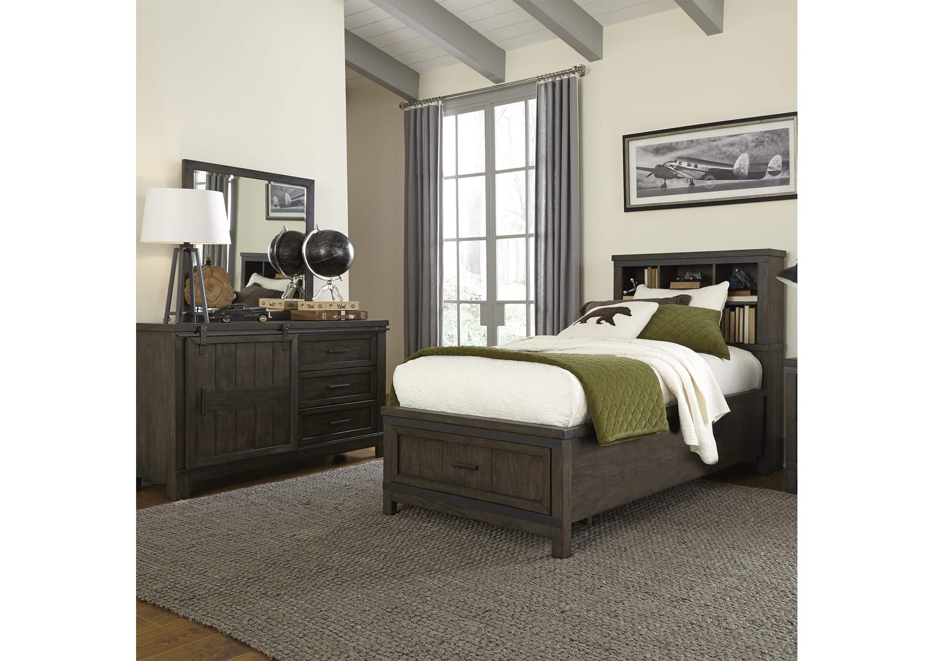 Thornwood Hills Rock Gray Twin Bookcase Bed, Dresser & Mirror,Liberty