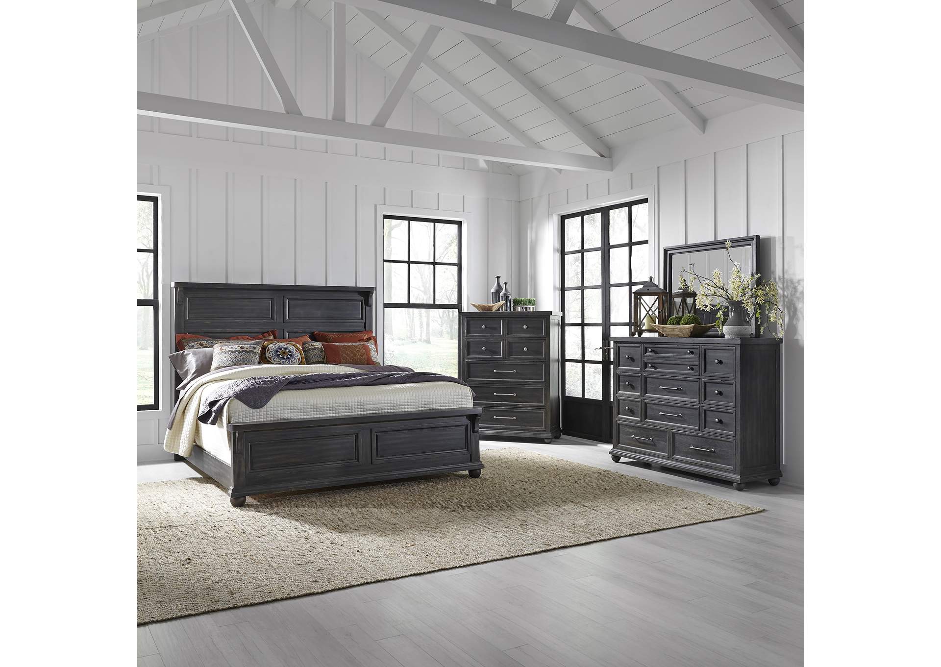 King Panel Bed, Dresser & Mirror, Chest,Liberty