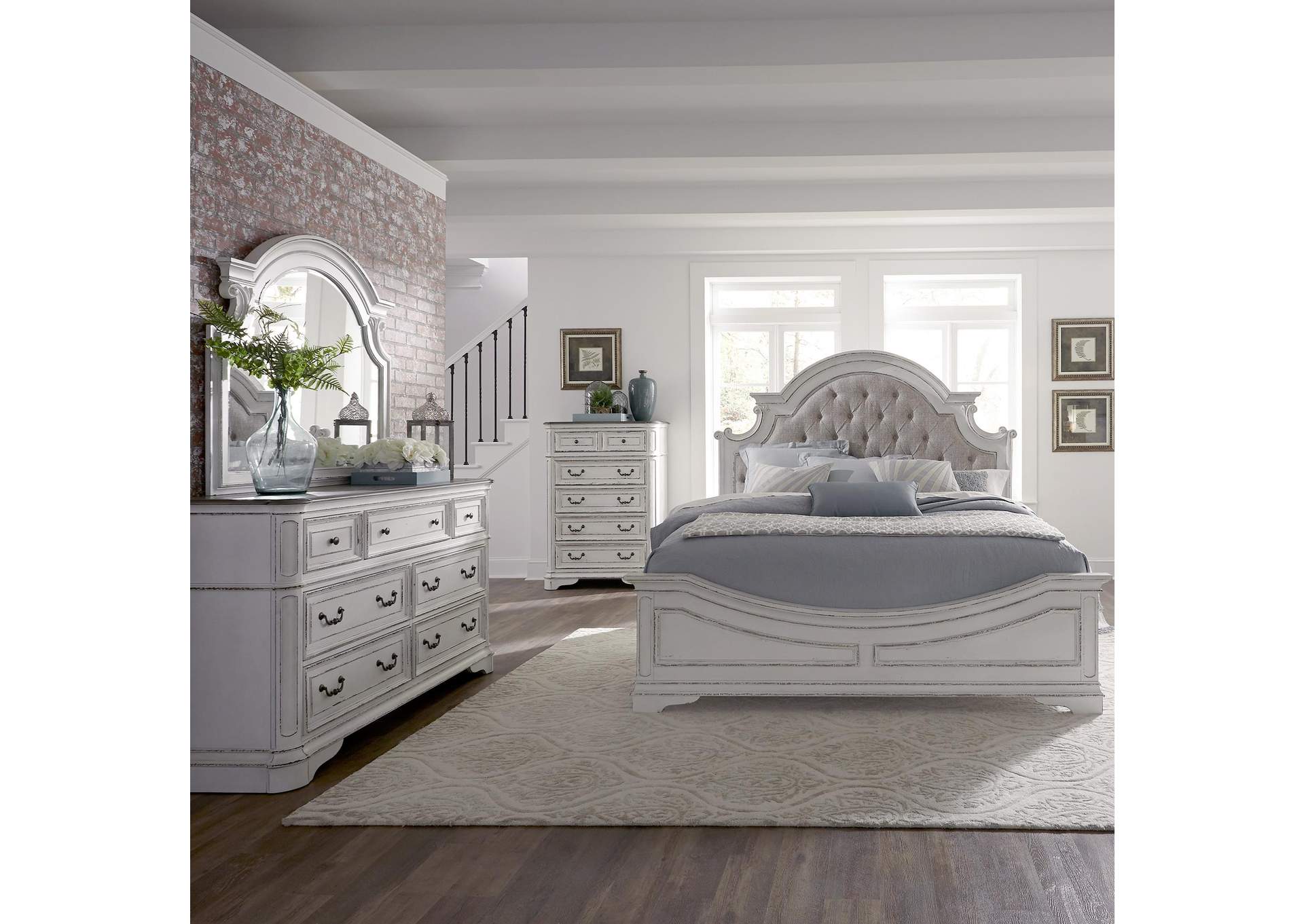 Magnolia Manor Queen Upholstered Bed, Dresser & Mirror, Chest,Liberty