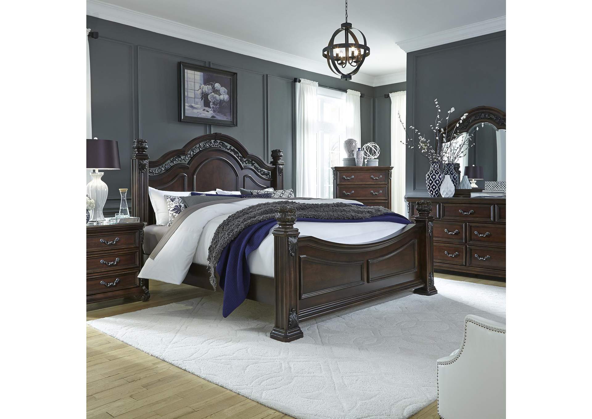 Messina Estates King Poster Bed, Dresser & Mirror, Nightstand,Liberty