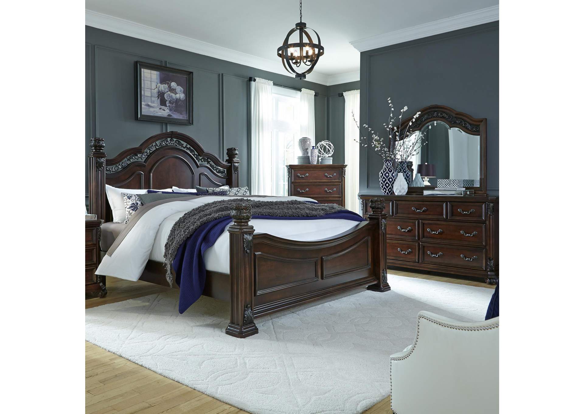 Messina Estates King Poster Bed, Dresser & Mirror, Chest,Liberty