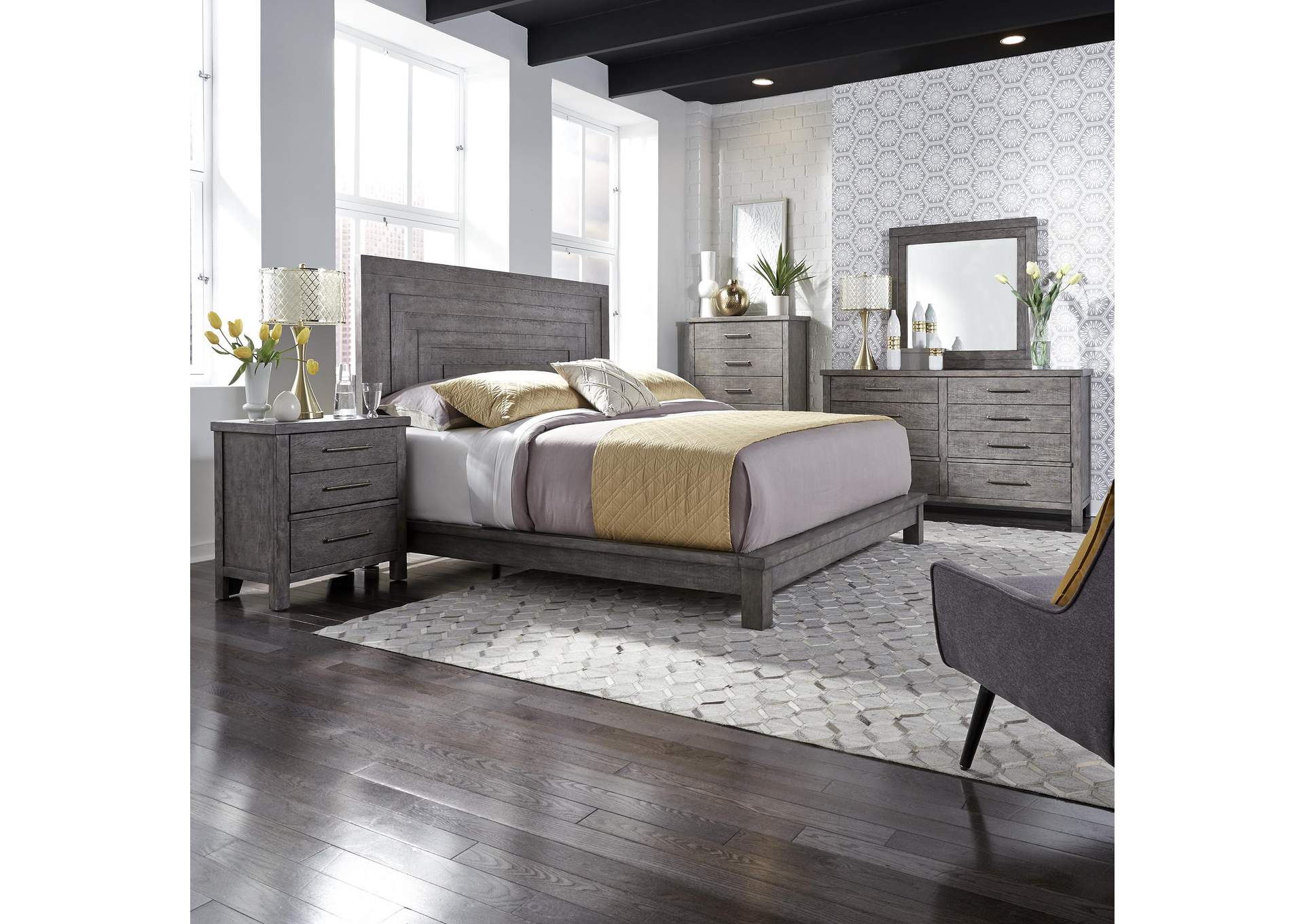 Modern Farmhouse Queen Platform Bed, Dresser & Mirror, Chest, Nightstand,Liberty