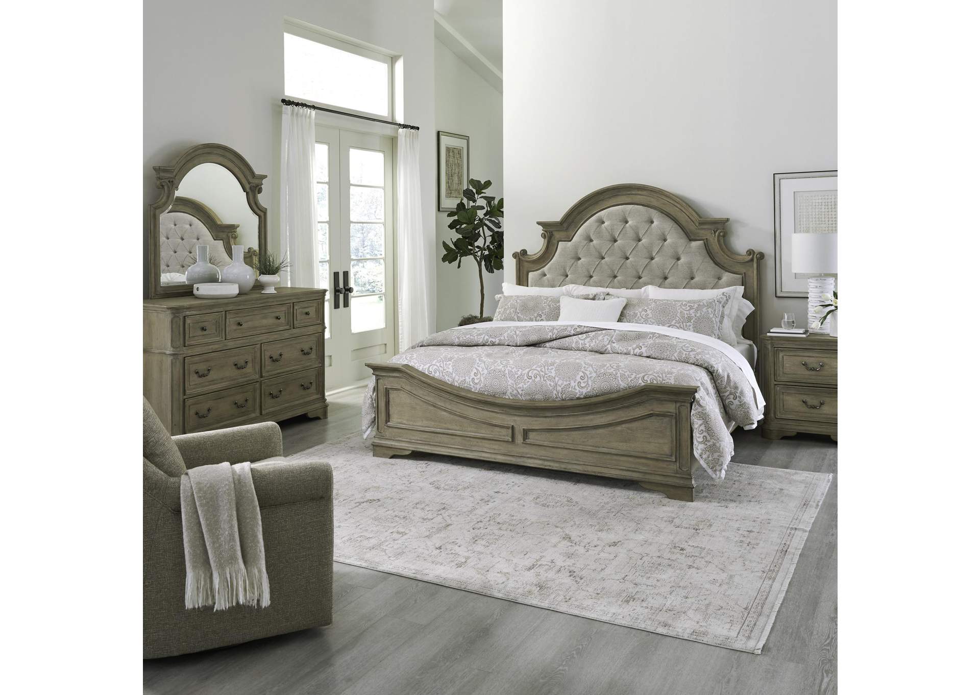 Magnolia Manor King Upholstered Bed, Dresser & Mirror, Nightstand,Liberty