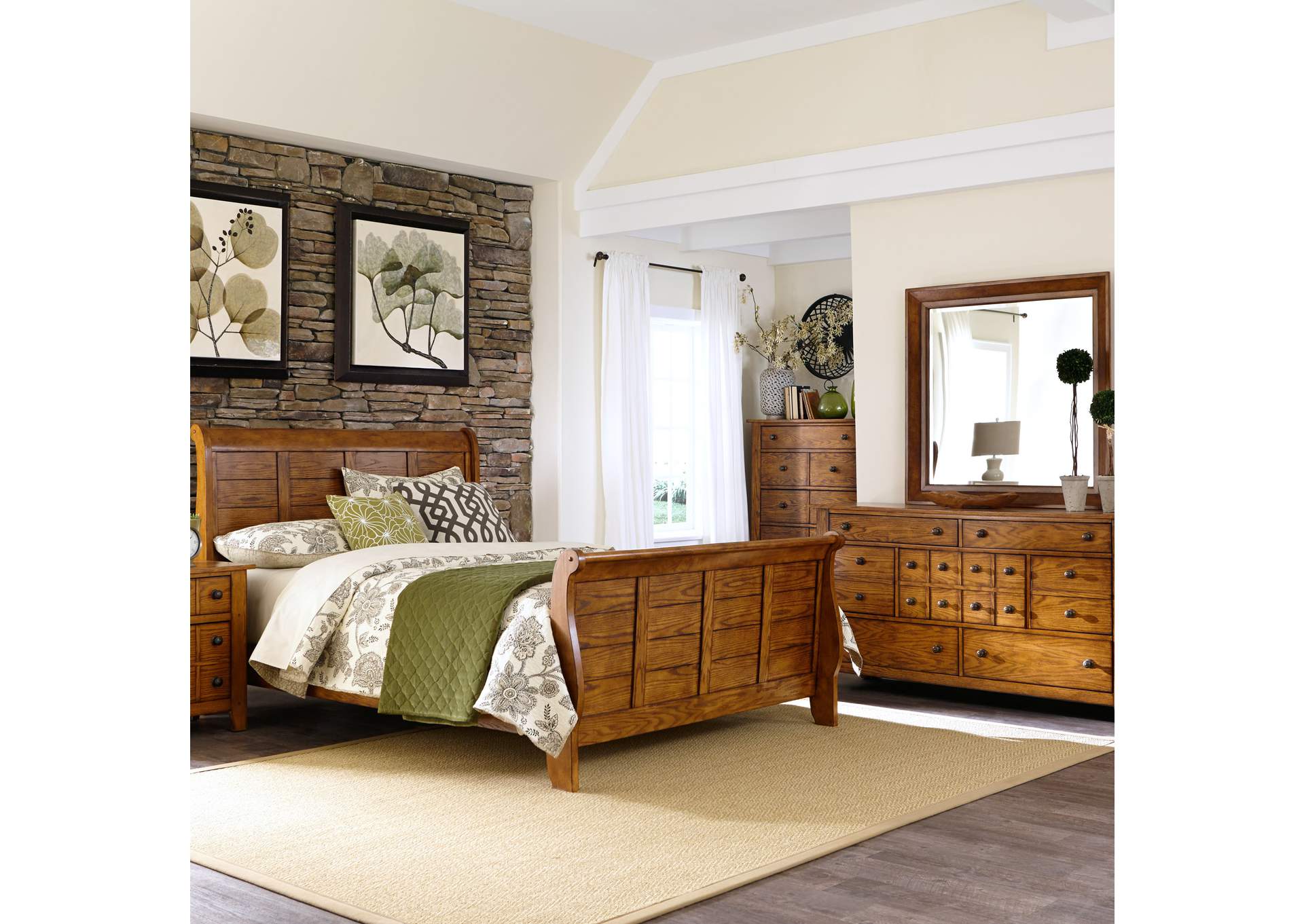 Grandpas Cabin California King Sleigh Bed, Dresser & Mirror, Chest,Liberty