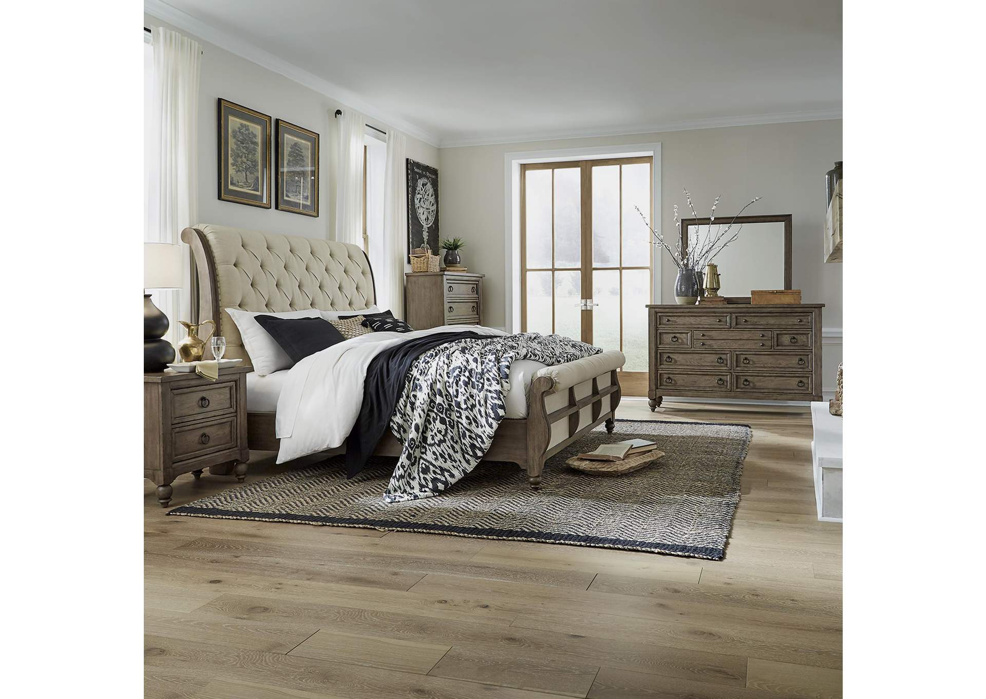 Americana Farmhouse King Sleigh Bed, Dresser & Mirror, Chest, Nightstand,Liberty