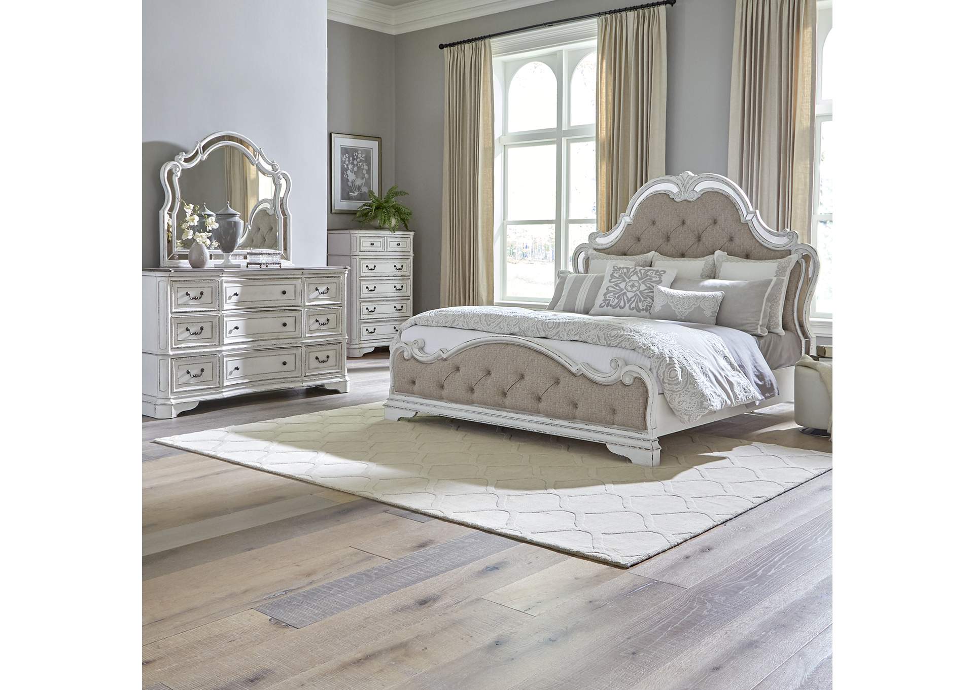 Magnolia Manor Opt Queen Upholstered Bed, Dresser & Mirror, Chest,Liberty