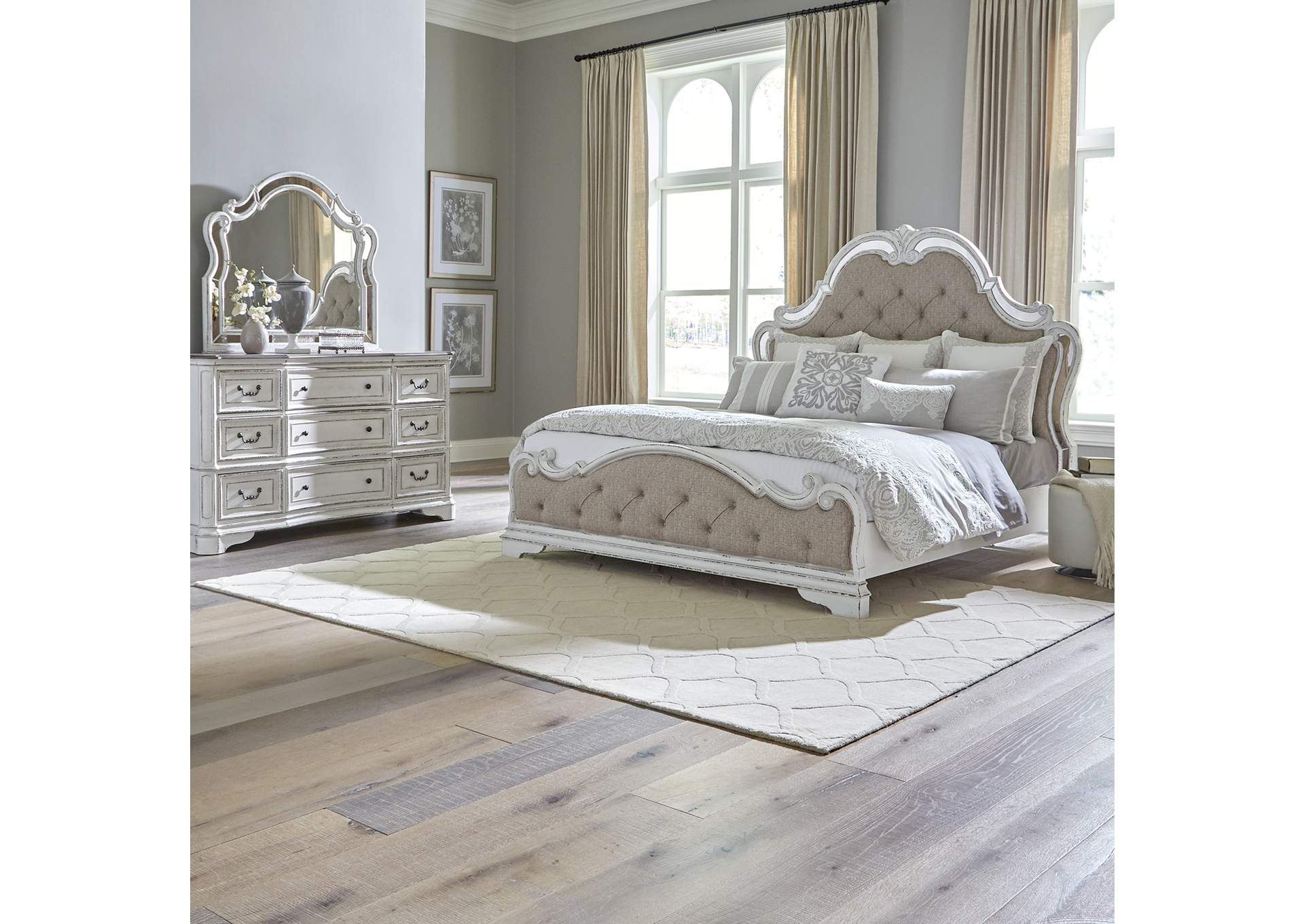 Magnolia Manor Opt Queen Upholstered Bed, Dresser & Mirror,Liberty