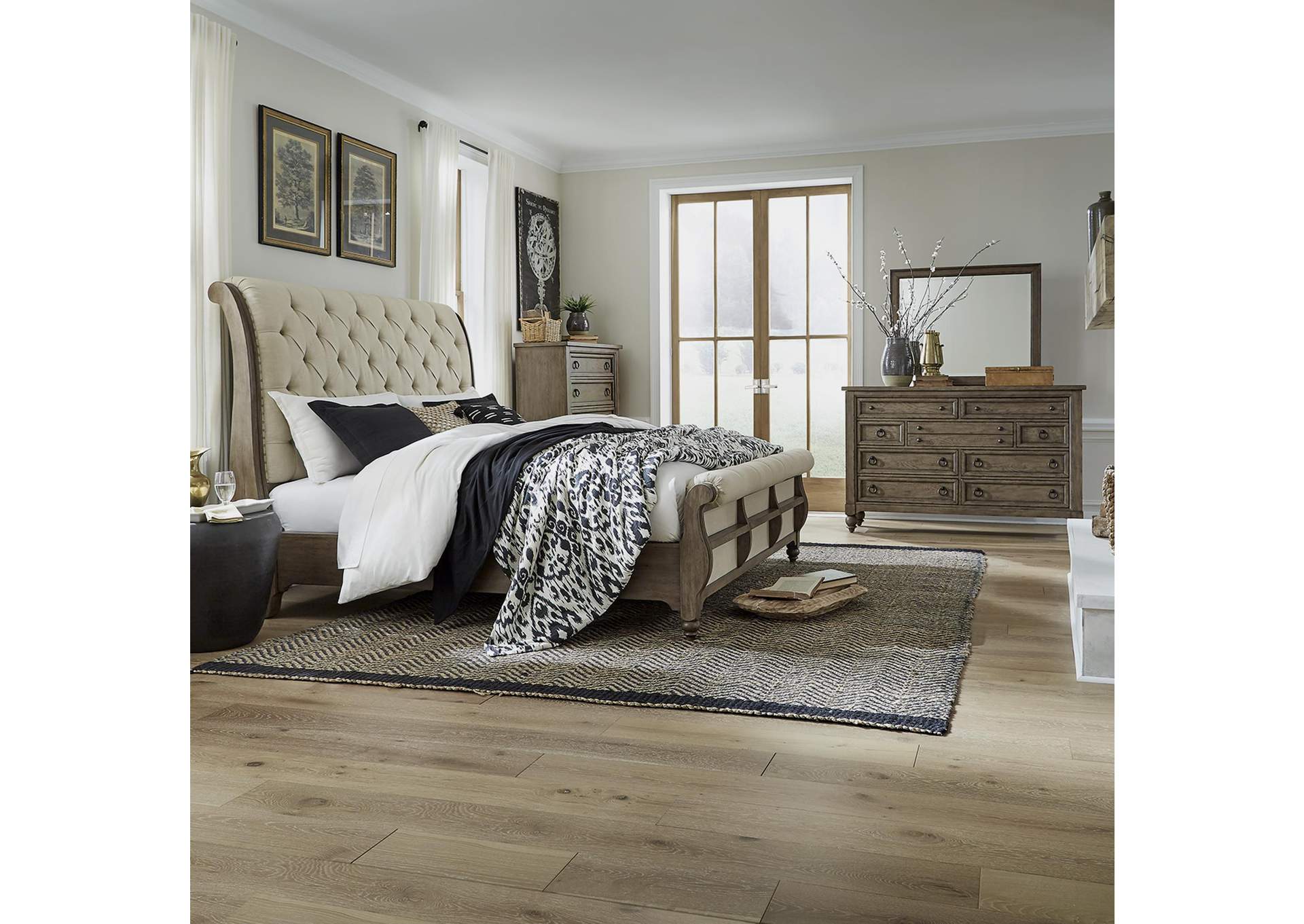 Americana Farmhouse King Sleigh Bed, Dresser & Mirror, Chest,Liberty
