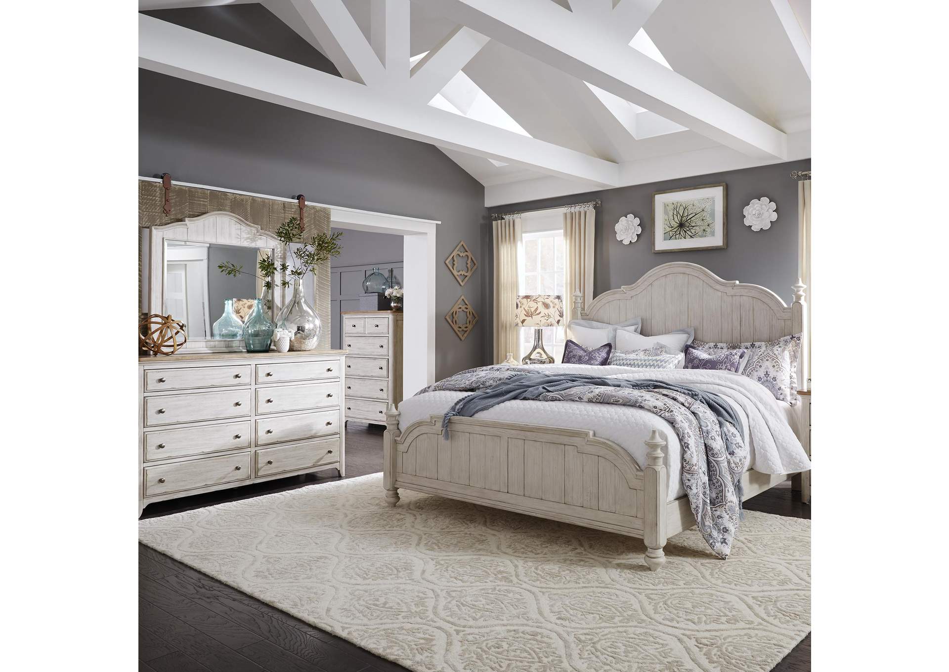 Farmhouse Reimagined Queen Poster Bed, Dresser & Mirror, Chest,Liberty