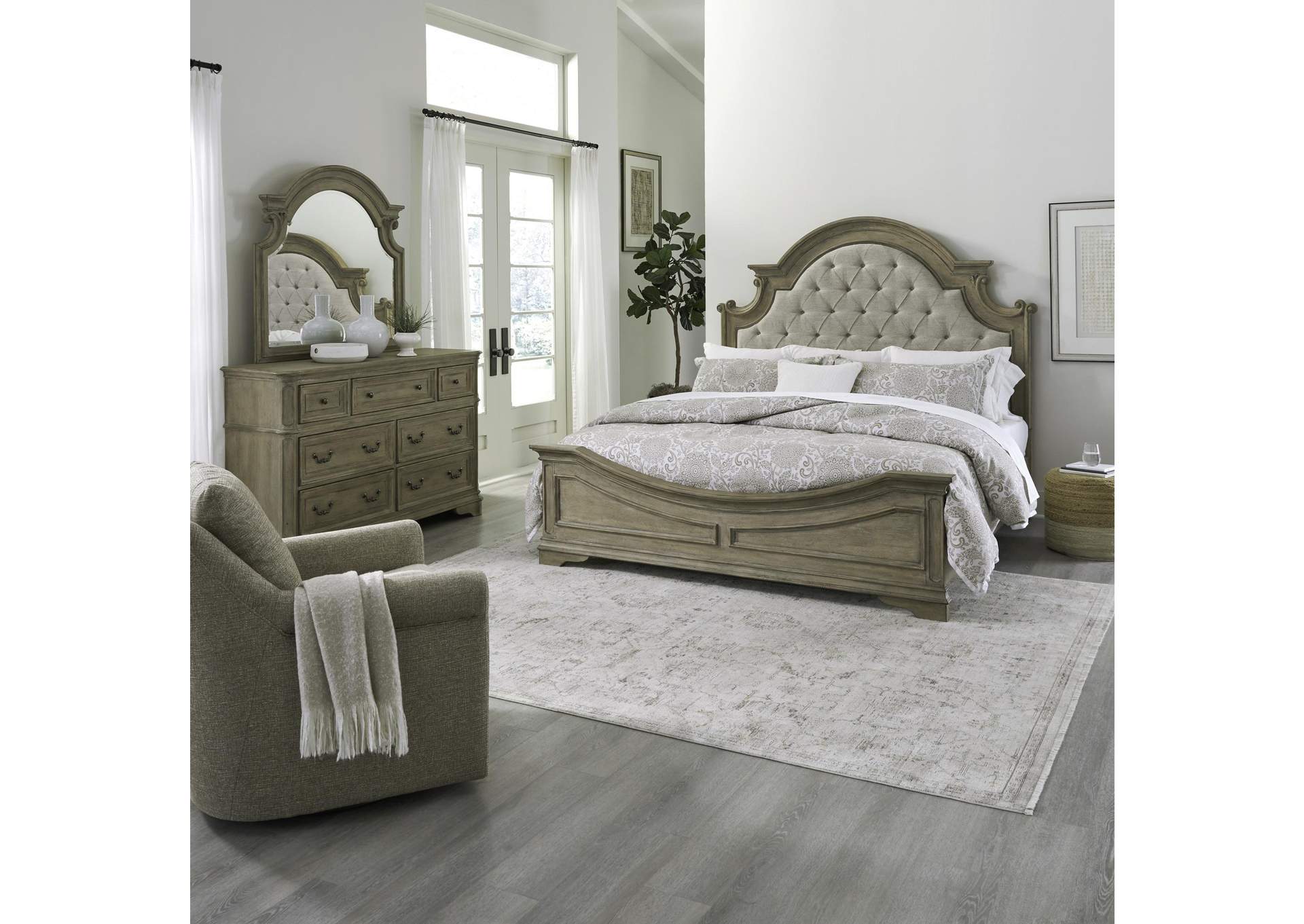 Magnolia Manor King Upholstered Bed, Dresser & Mirror,Liberty