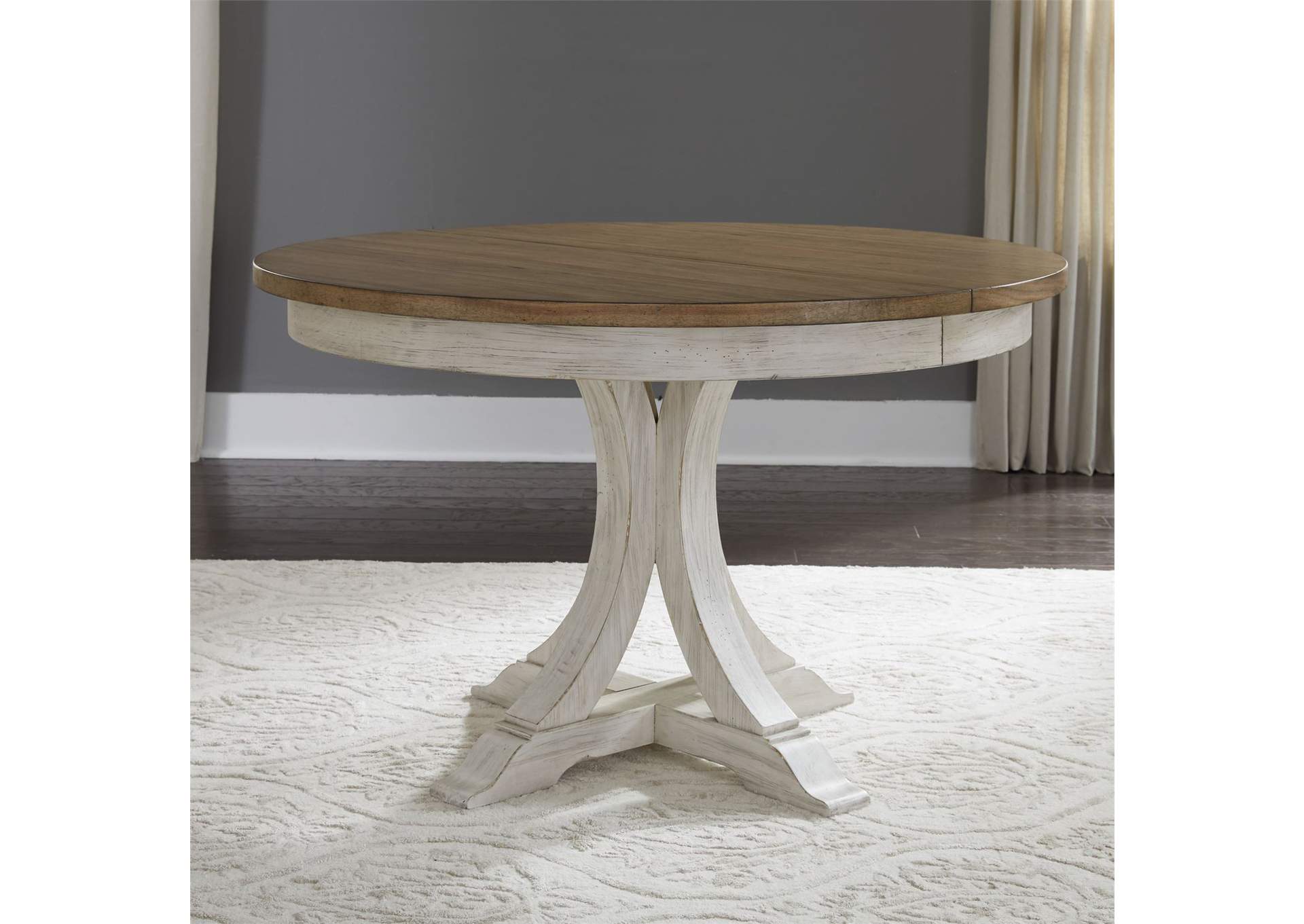 Farmhouse Reimagined White/Brown Round Extension Leaf Dining Table,Liberty