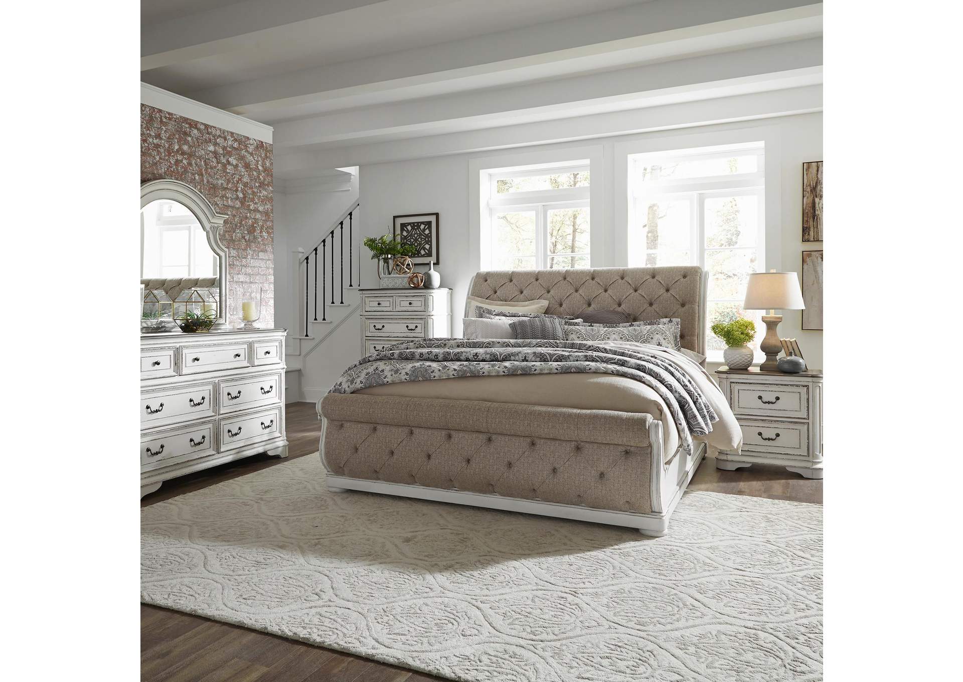 Magnolia Manor Queen Upholstered Sleigh Bed, Dresser & Mirror, Chest, Nightstand,Liberty