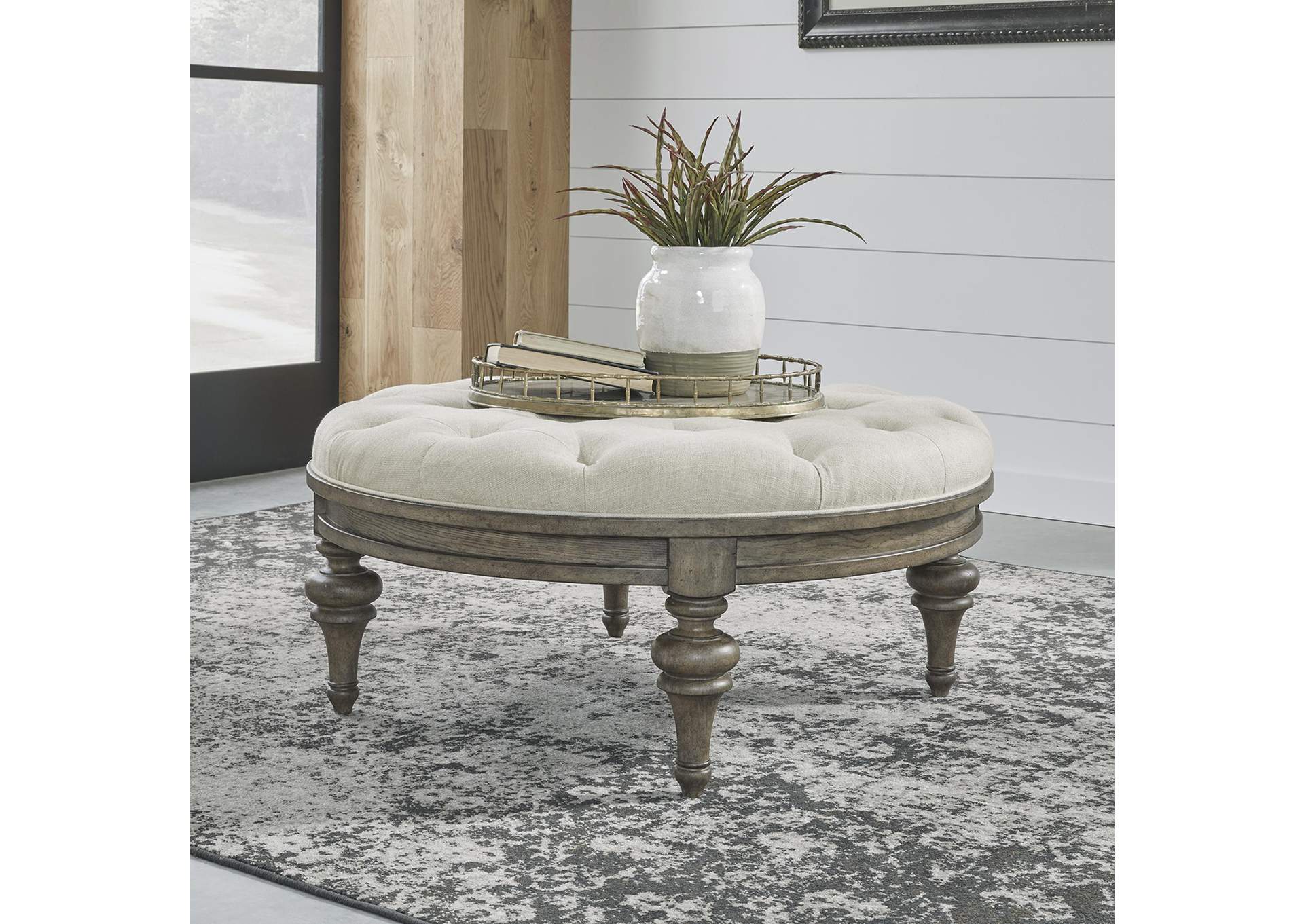 Americana Farmhouse Round Cocktail Ottoman,Liberty