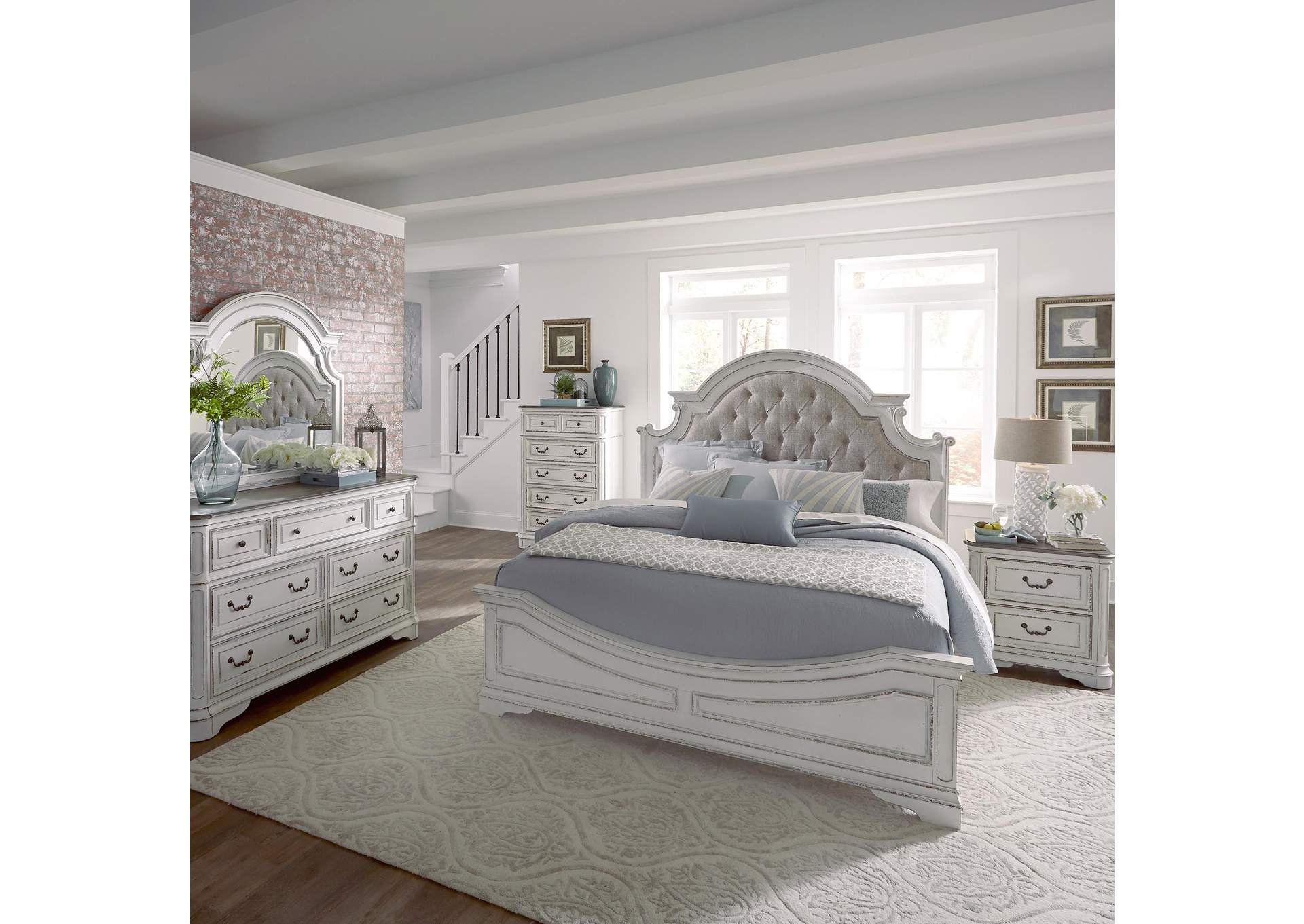 Magnolia Manor King Upholstered Bed, Dresser & Mirror, Chest, Nightstand,Liberty