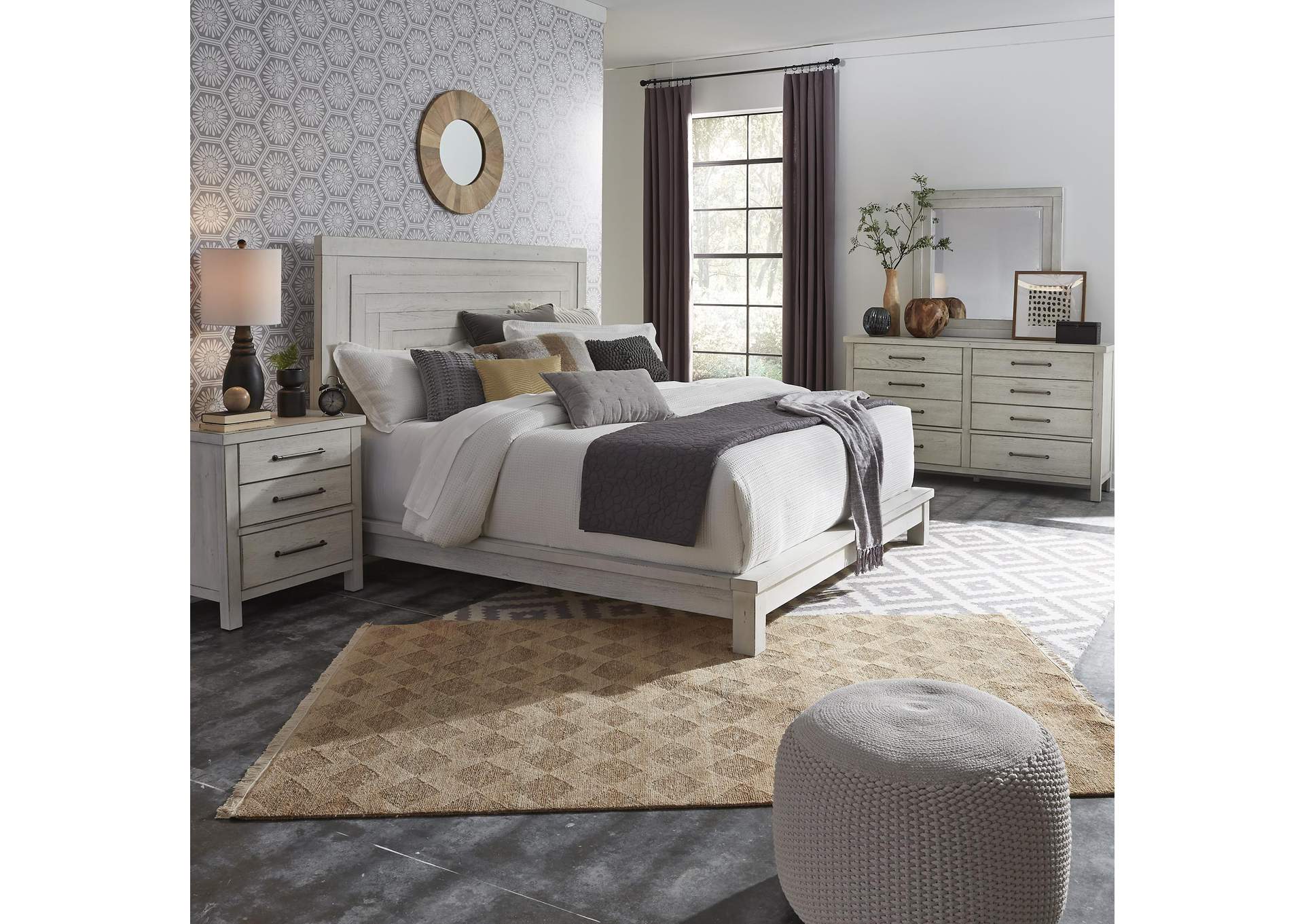 Modern Farmhouse Queen Platform Bed, Dresser & Mirror, Nightstand,Liberty