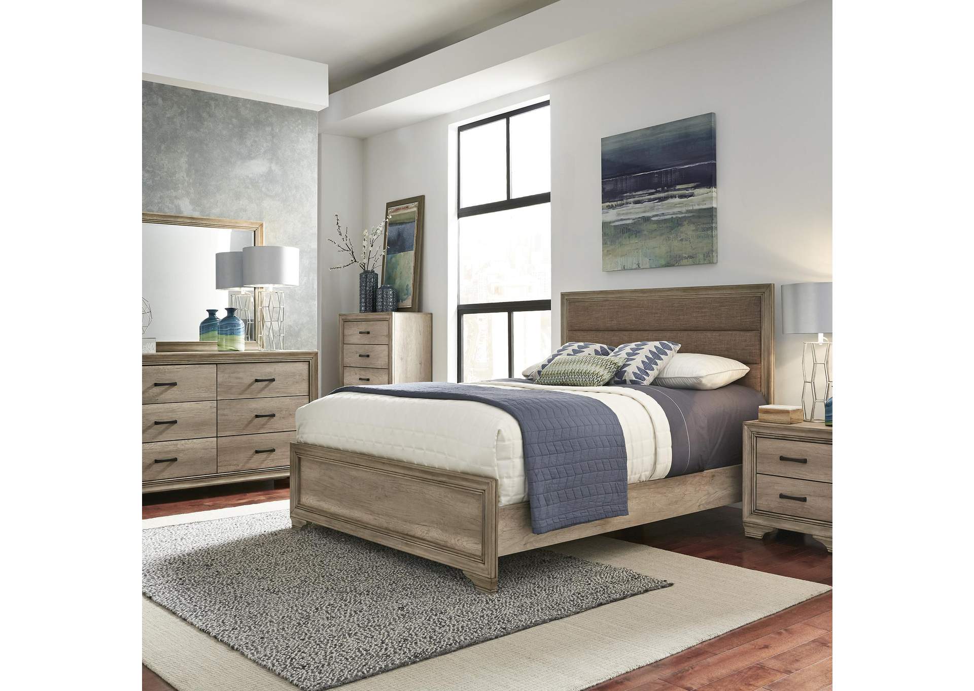 Sun Valley Queen Upholstered Bed, Dresser & Mirror, Chest, Nightstand,Liberty