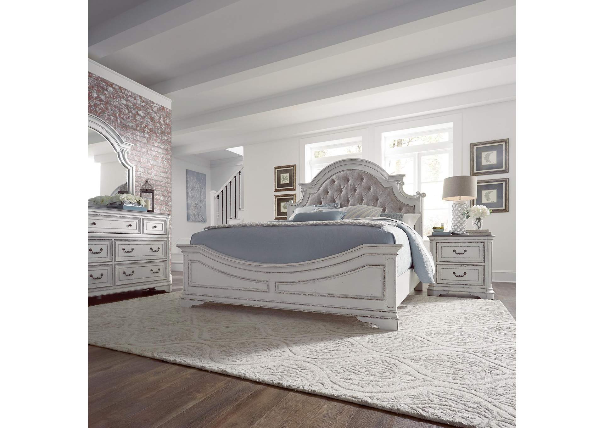 Magnolia Manor King Upholstered Bed, Dresser & Mirror, Nightstand,Liberty