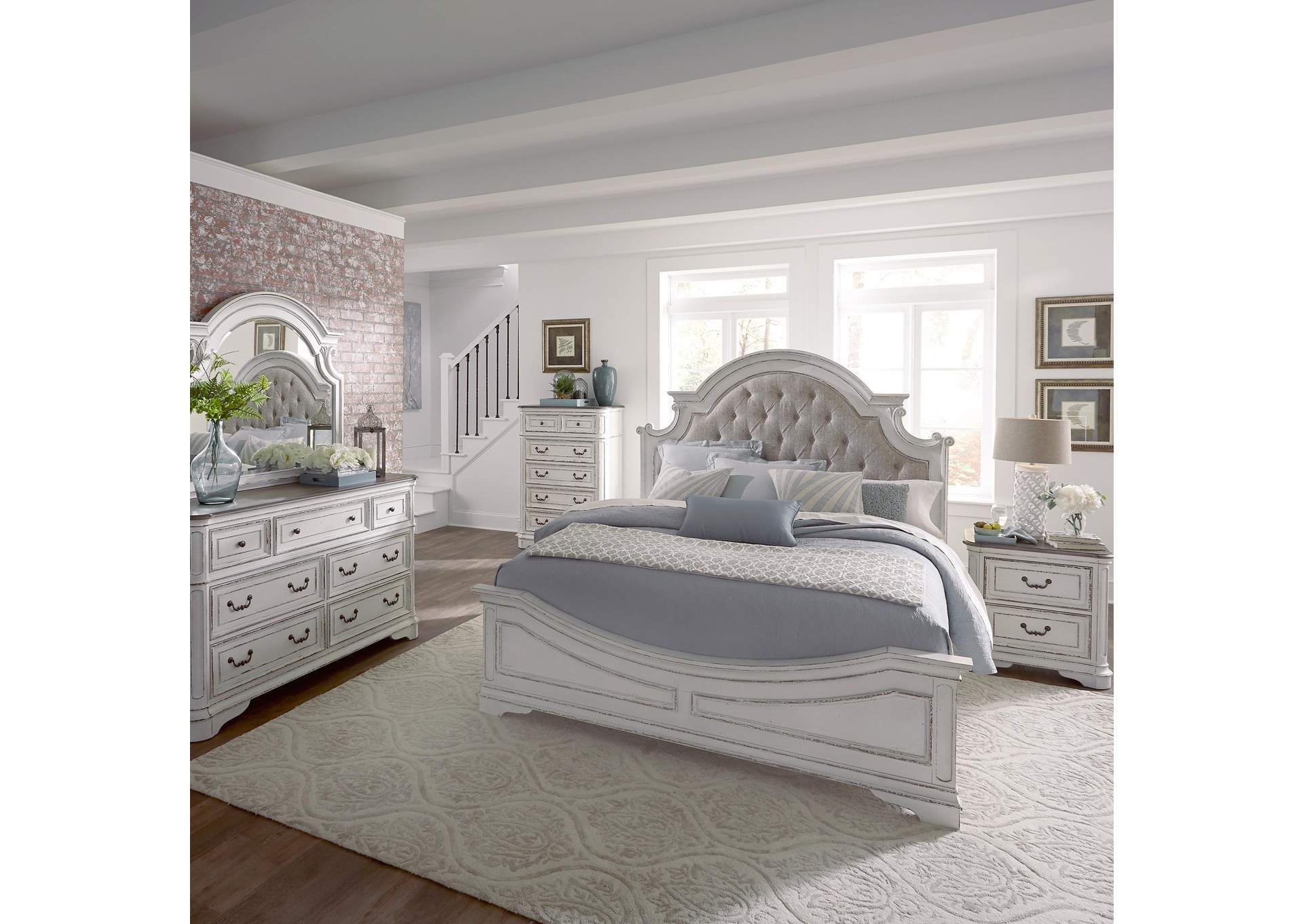 Magnolia Manor Queen Upholstered Bed, Dresser & Mirror, Chest, Nightstand,Liberty