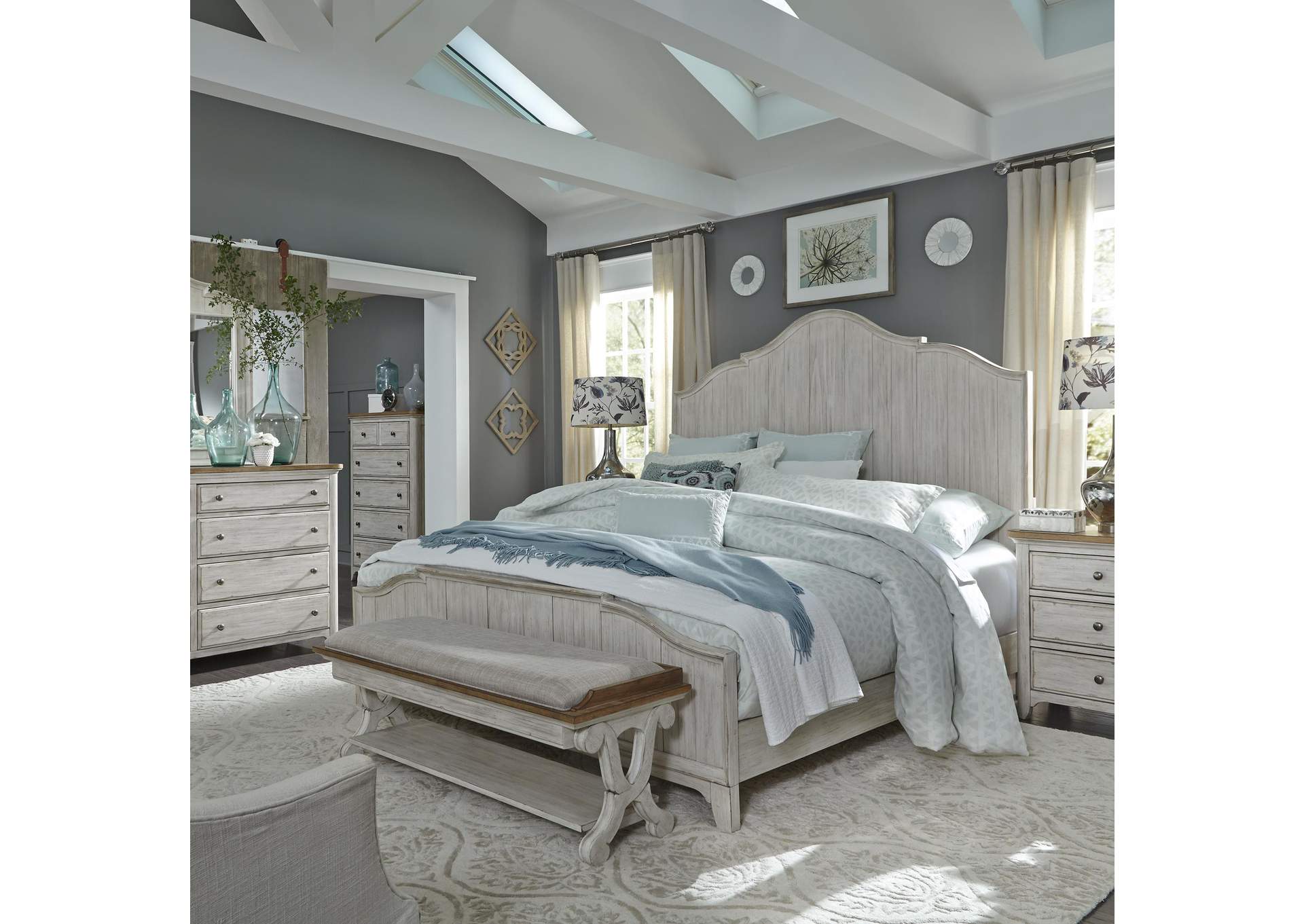 Farmhouse Reimagined California King Panel Bed, Dresser & Mirror, Chest, Nightstand,Liberty