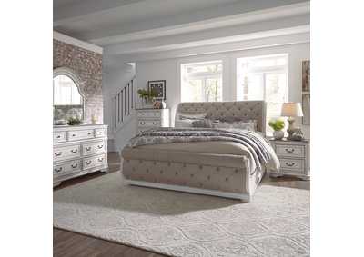 Image for Magnolia Manor Antique White California King Upholstered Sleigh Bed, Dresser & Mirror, Chest, Nightstand