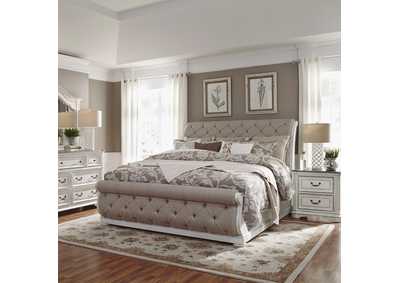Image for Magnolia Manor Antique White California King Upholstered Sleigh Bed, Dresser & Mirror, Nightstand