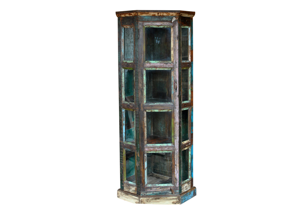 Painted Reclaimed Wood 4 Shelf Glass Corner Bookcase,L.M.T. Rustic