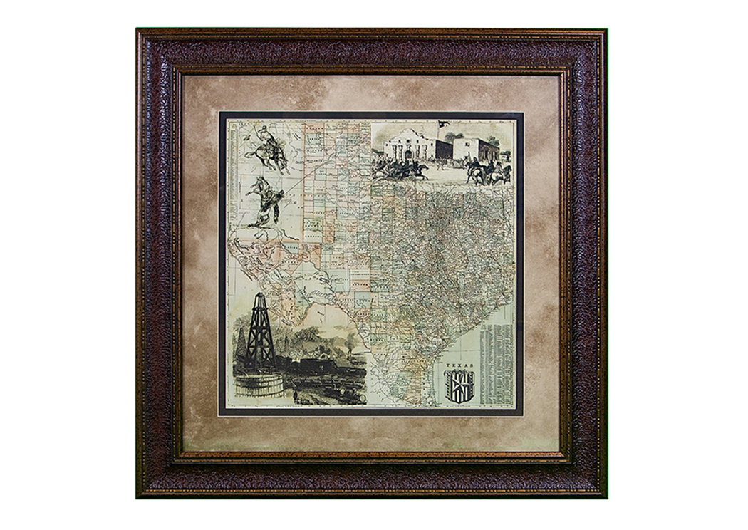 Small "Texas County" Map Framed,L.M.T. Rustic