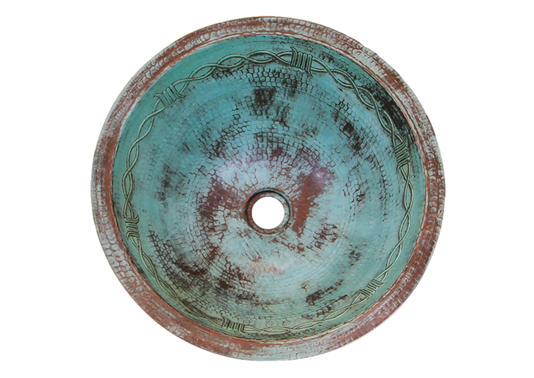 Round Turquoise Copper Sink w/Barbed Wire,L.M.T. Rustic