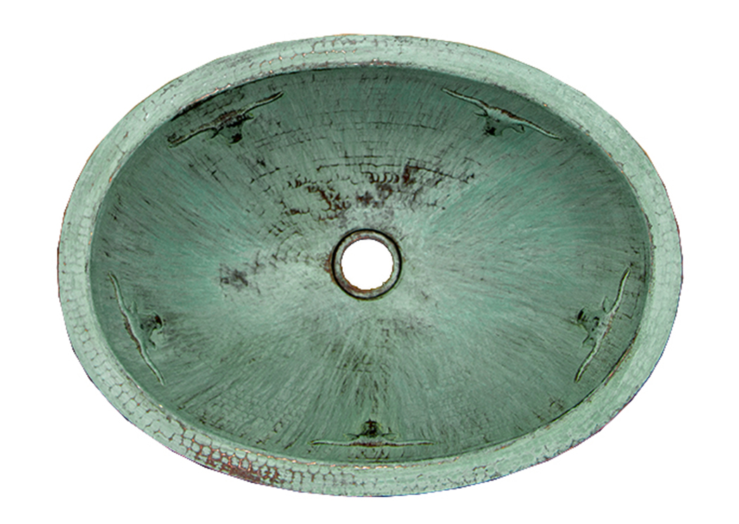 Oval Turquoise Copper Sink w/Longhorns,L.M.T. Rustic