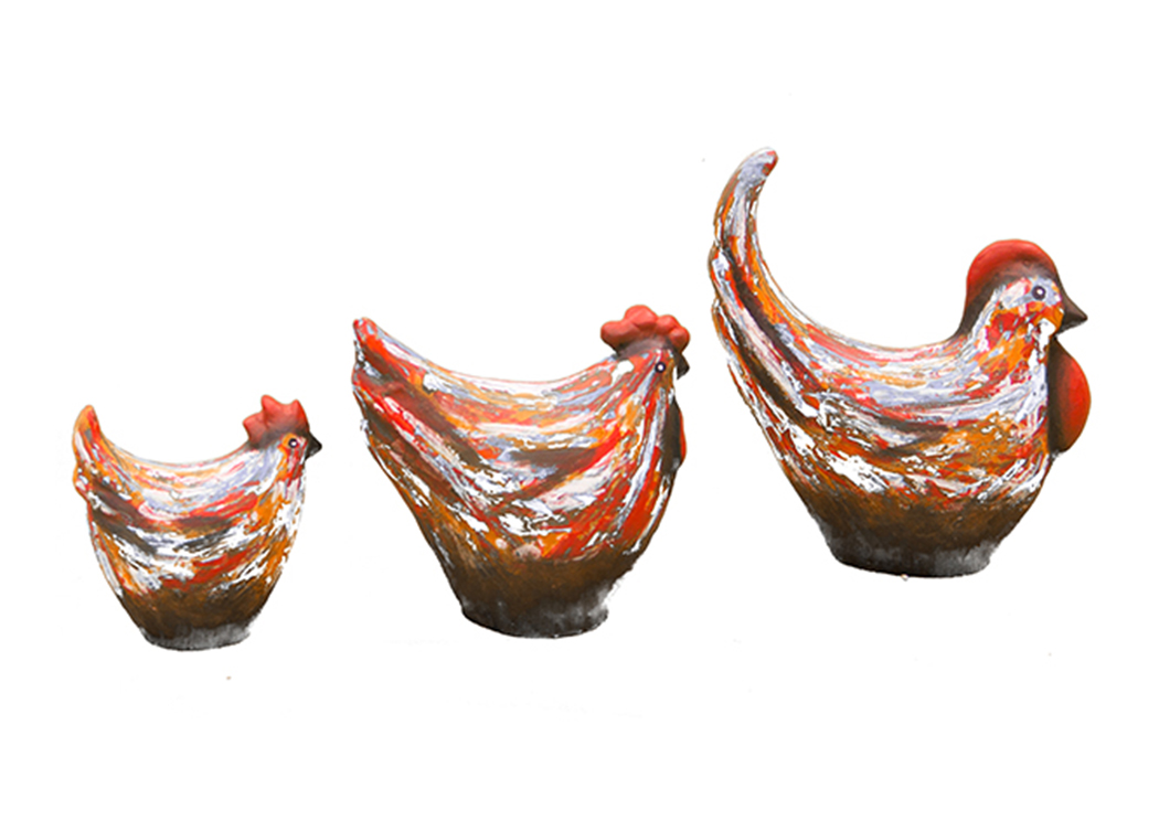 3 Piece Multi Colored Ceramic Chickens,L.M.T. Rustic