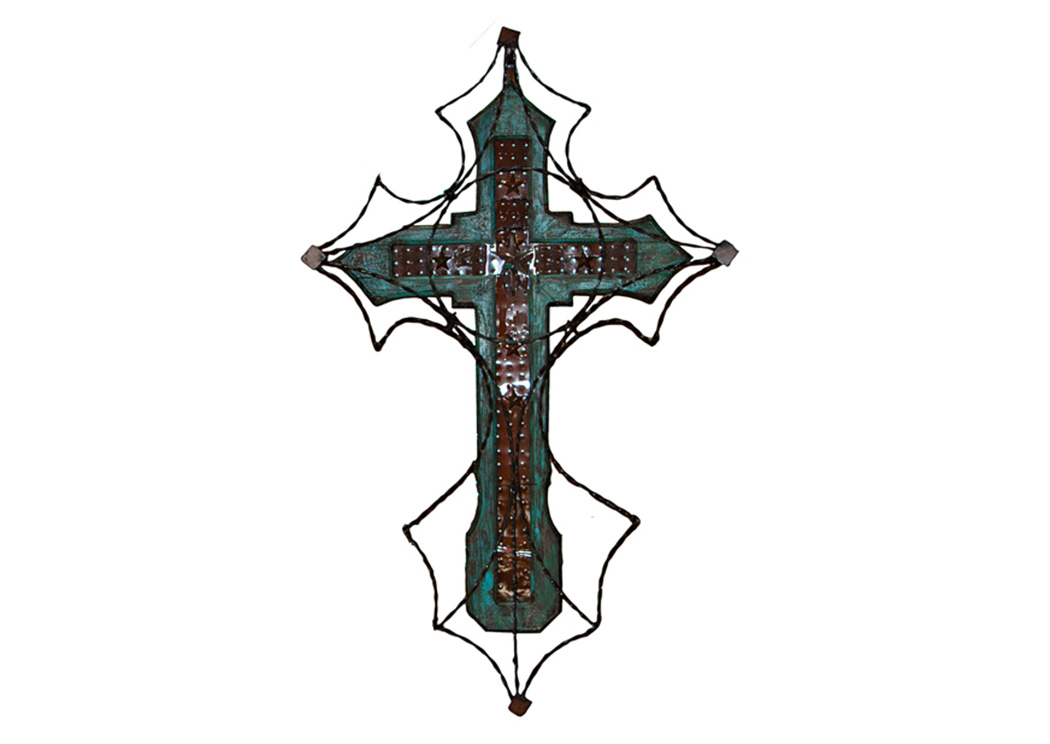 48" Turquoise Wood Cross w/Barbed Wire,L.M.T. Rustic