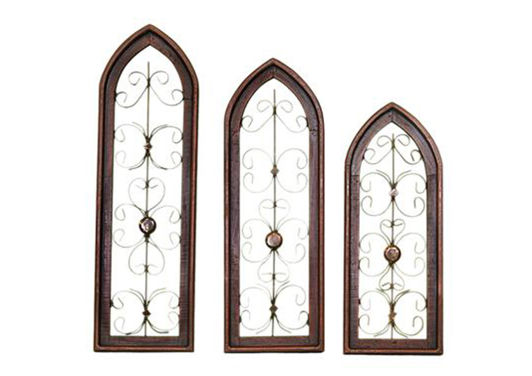 3 Piece Red Wood & Iron Cathedral Window Set,L.M.T. Rustic