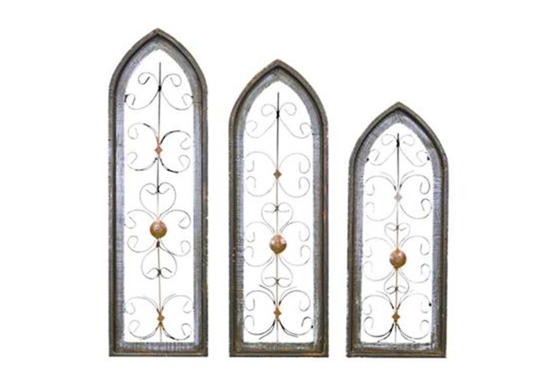 3 Piece Turquoise Wood & Iron Cathedral Window Set,L.M.T. Rustic