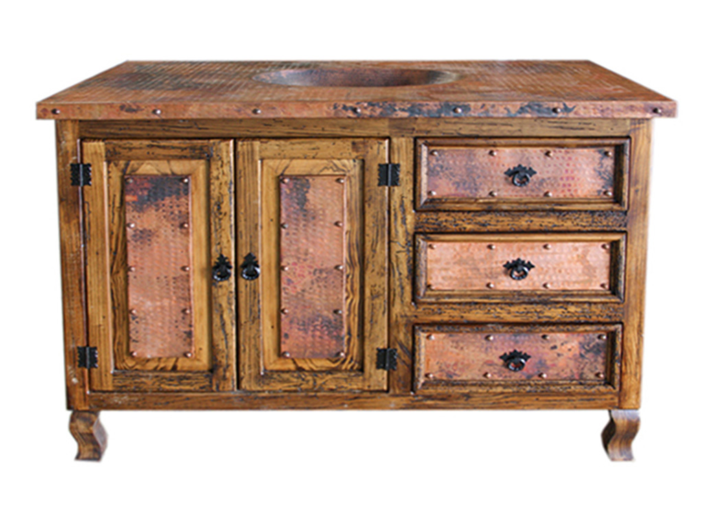 48" Copper Vanity w/Copper Top, 2 Doors & 3 Drawers,L.M.T. Rustic