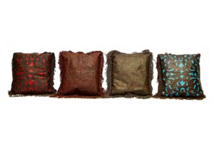 Image for Large Chocolate Hand Tooled Leather Perforated Cushion w/Fringe
