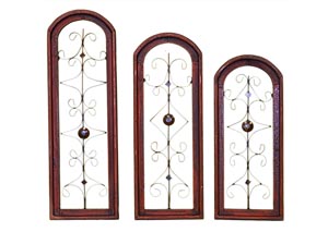 Image for 3 Piece Red Wood & Iron Round Window Set