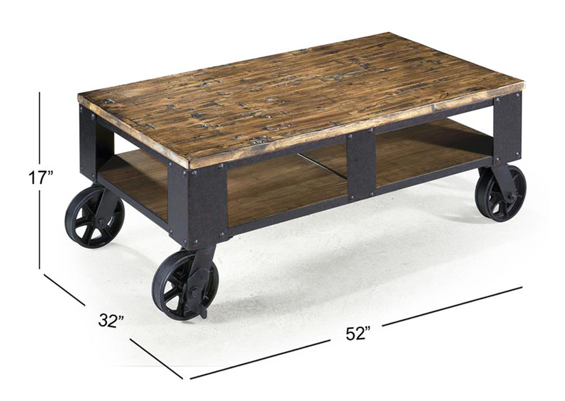 Pinebrook Distressed Natural Pine Rectangular Cocktail Table (2 Braking Casters),Magnussen