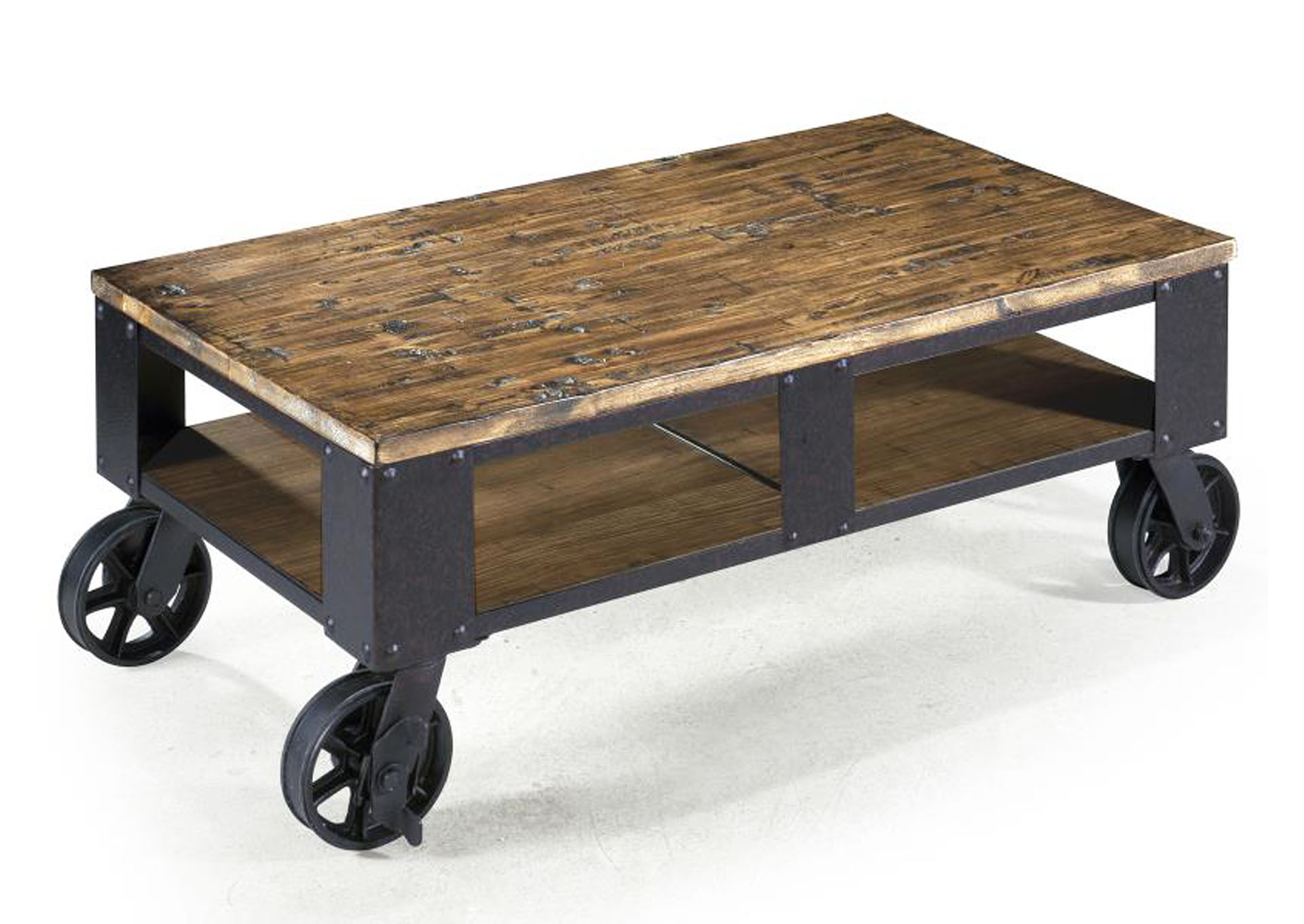 Pinebrook Distressed Natural Pine Rectangular Cocktail Table (2 Braking Casters),Magnussen