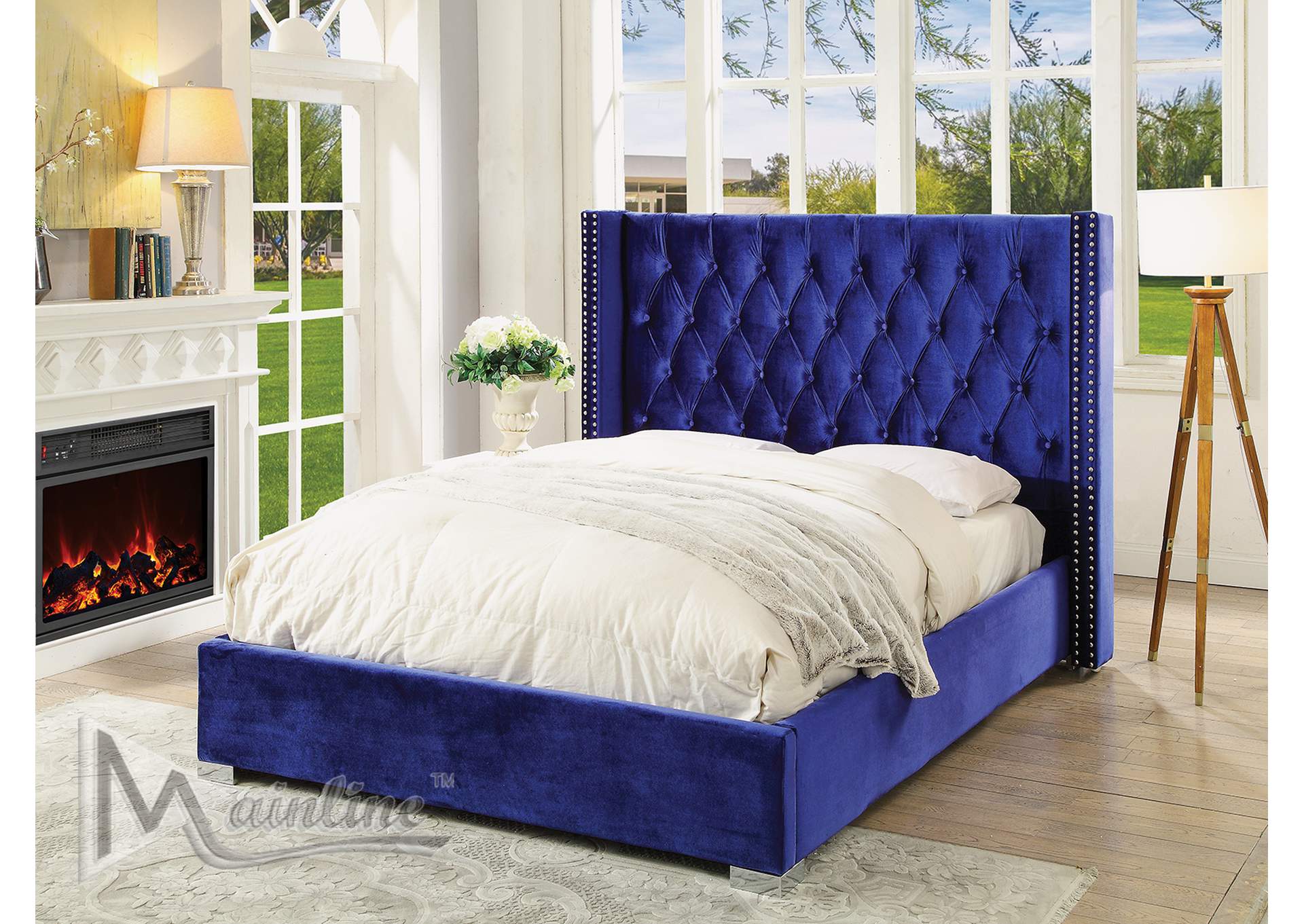 Navy Blue Velvet Forza Full Bed,Mainline