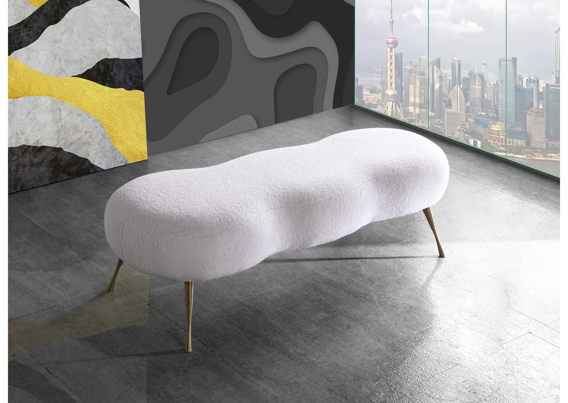 Nube White Faux Sheepskin Fur Bench,Meridian Furniture