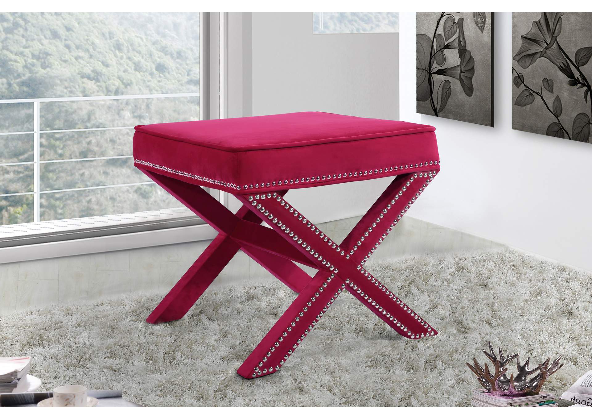 Nixon Pink Velvet Ottoman - Bench,Meridian Furniture