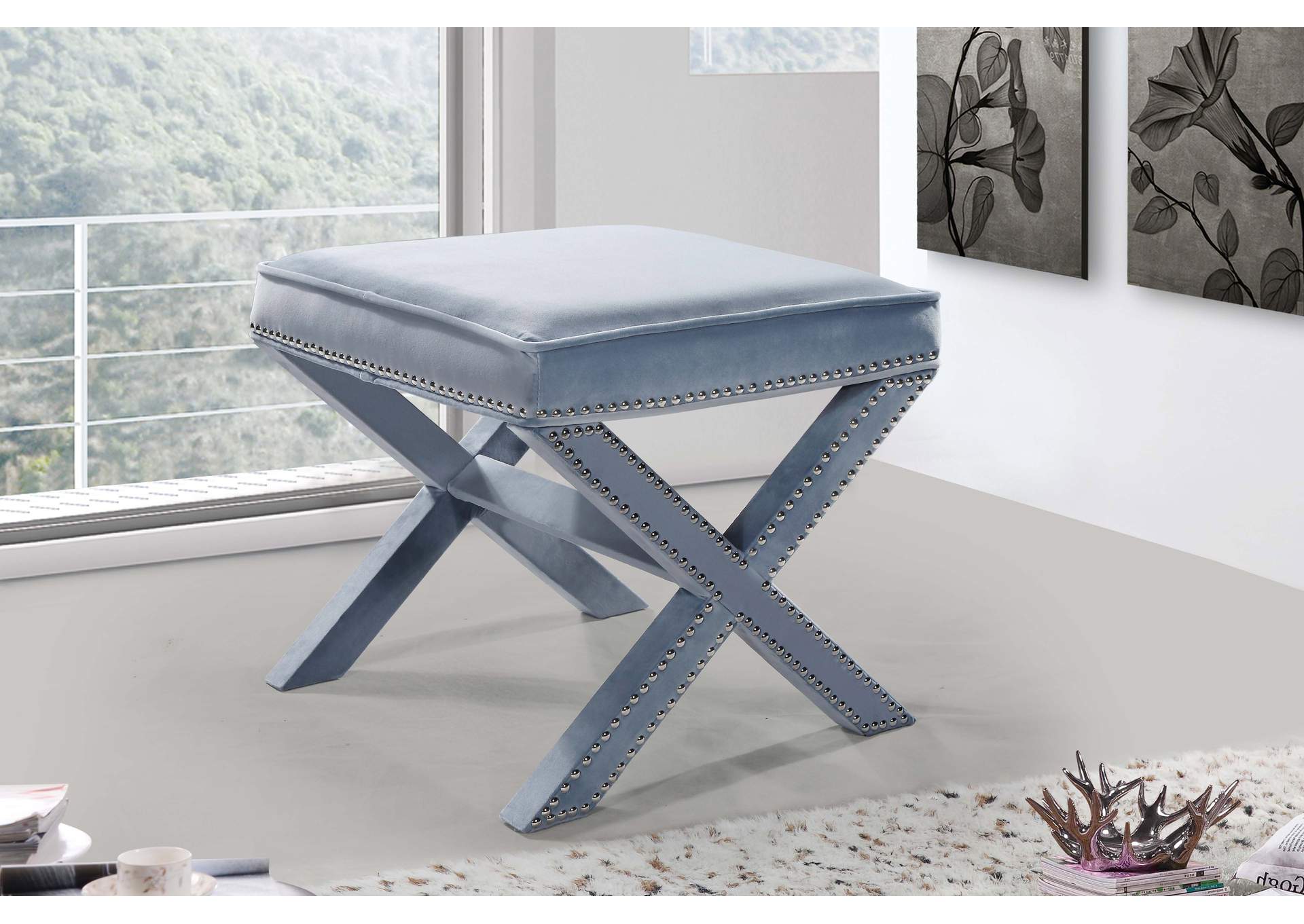 Nixon Sky Blue Velvet Ottoman - Bench,Meridian Furniture