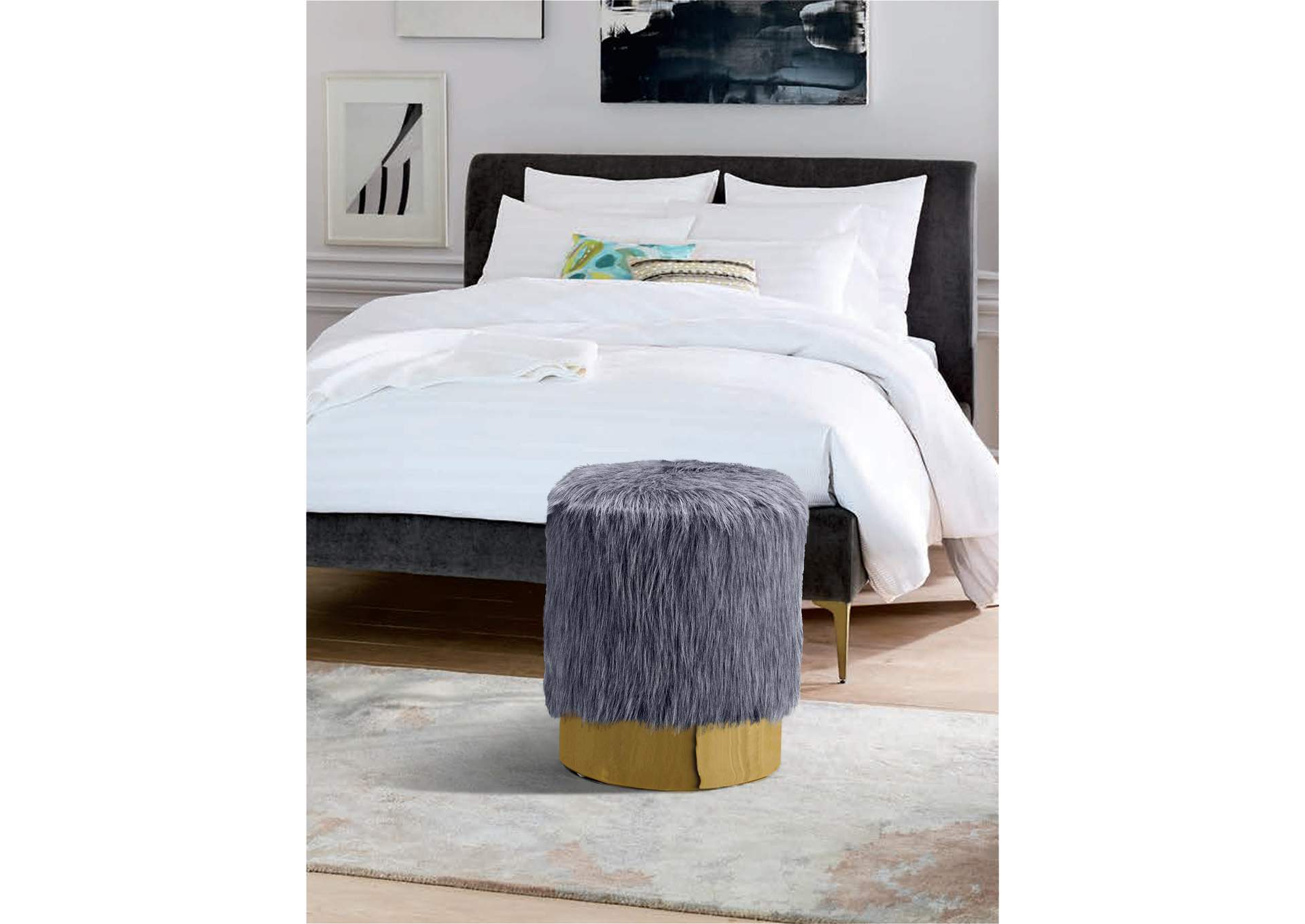 Joy Grey Faux Fur Ottoman - Stool,Meridian Furniture