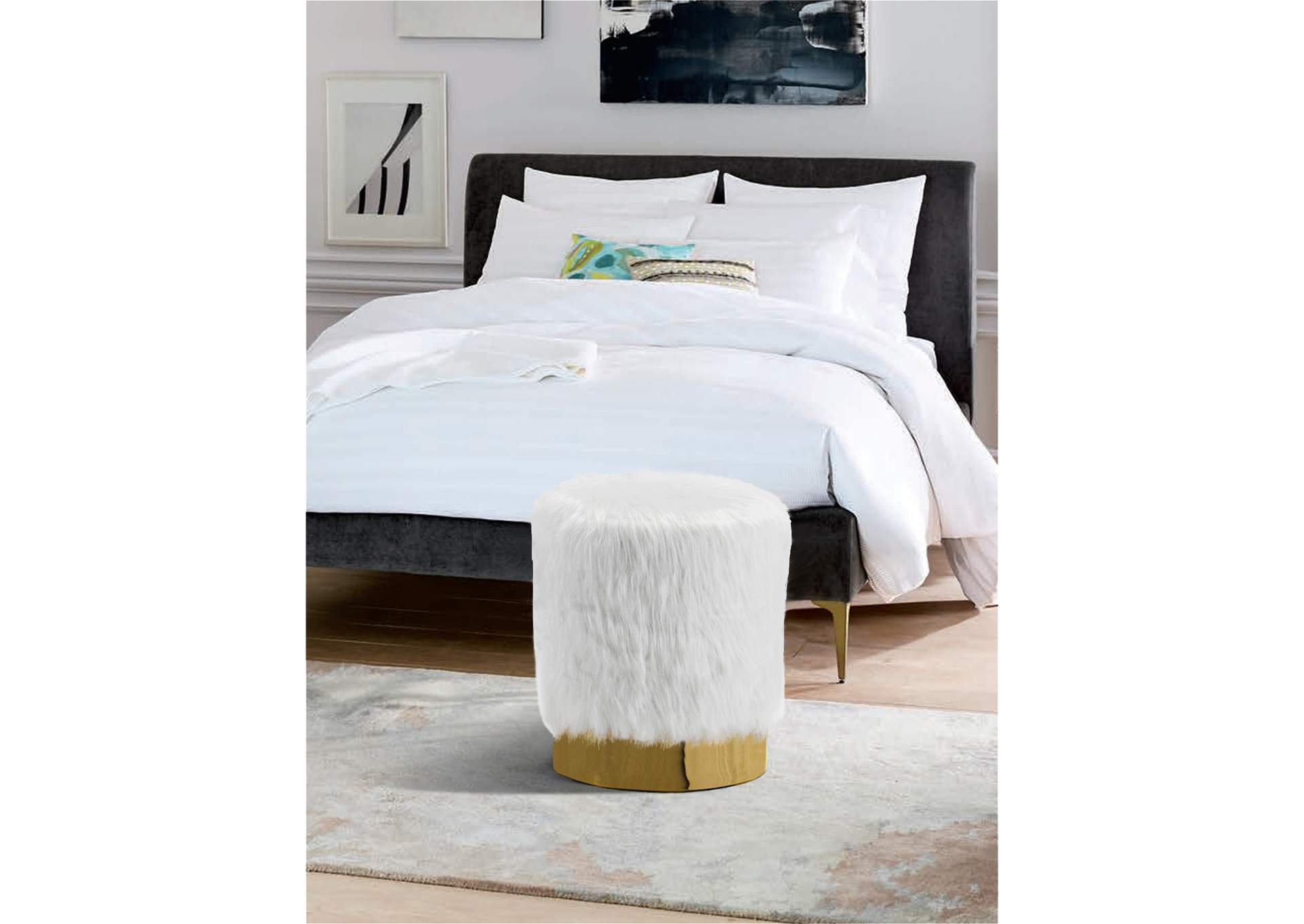 Joy White Faux Fur Ottoman - Stool,Meridian Furniture