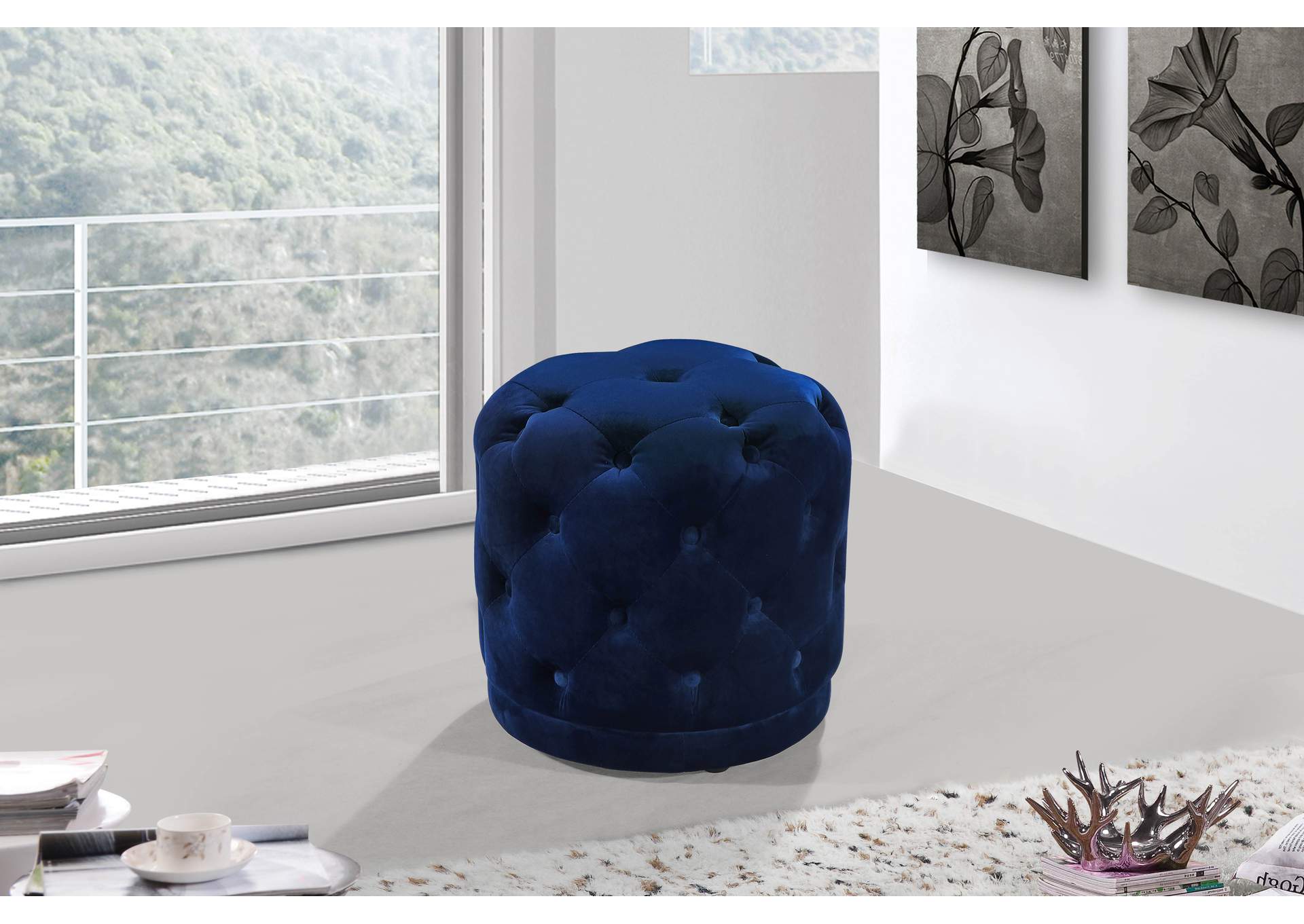 Harper Navy Velvet Ottoman - Stool,Meridian Furniture